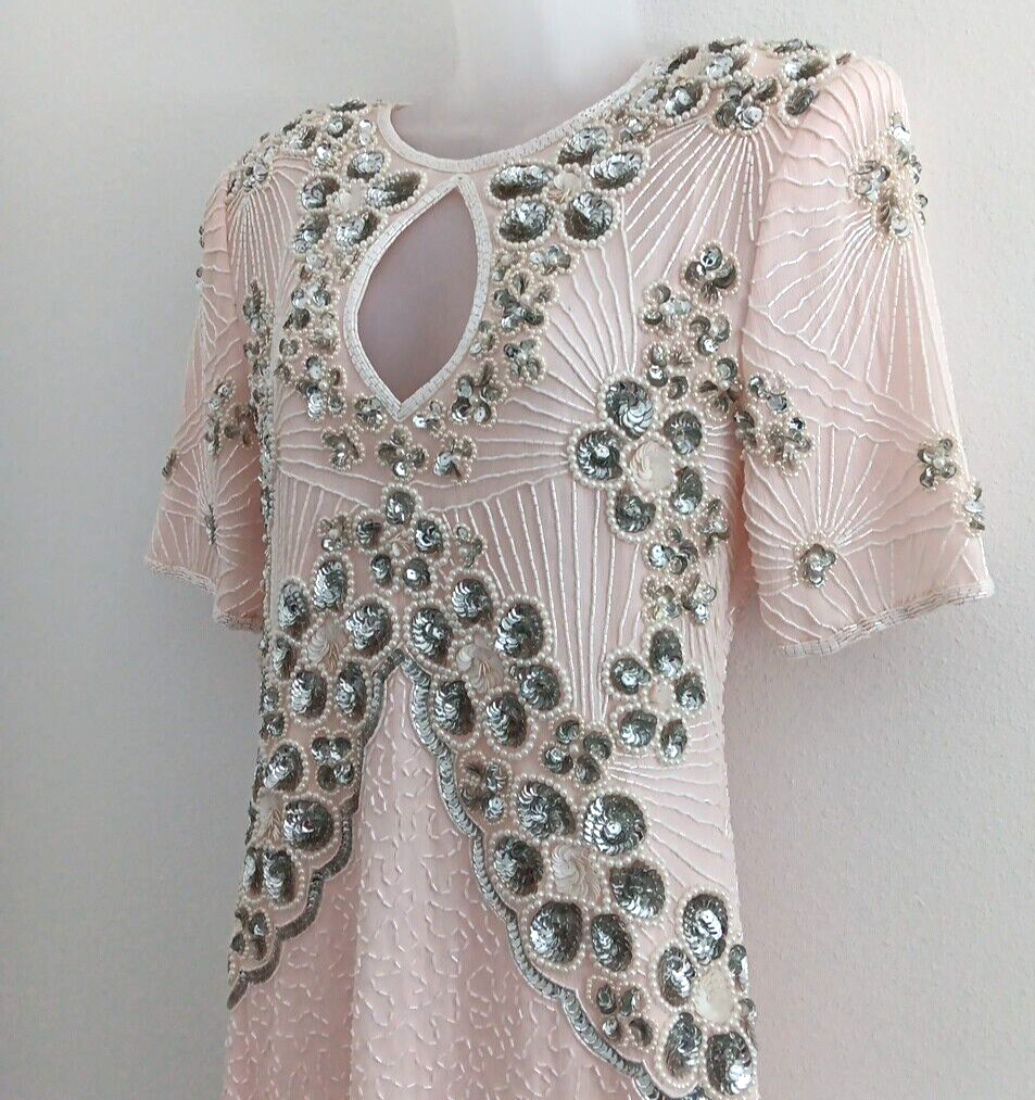 Jennifer Evening Gown Medium Light Pink Midi Silk Bead Sequin Keyhole NEW Bridal