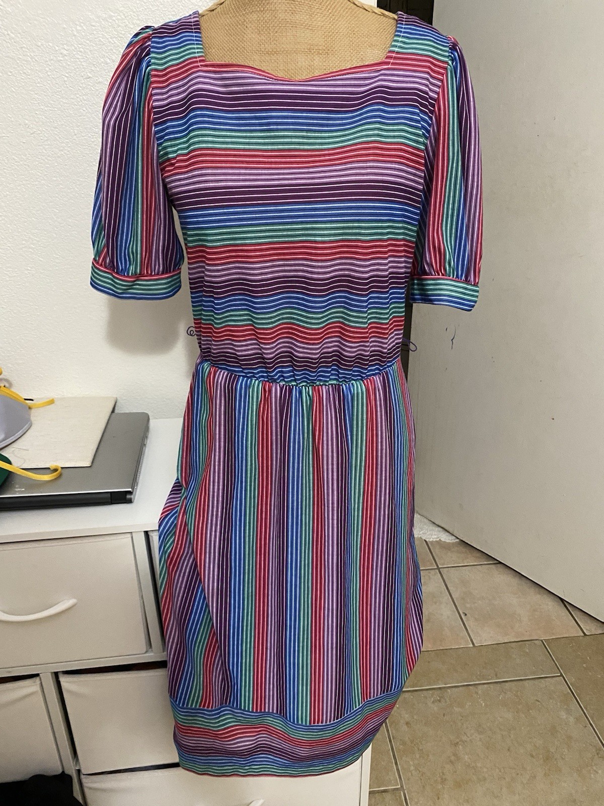 Vintage Oops California Striped Dress – Size 9/10 Y2K Boho Funky Retro Dress