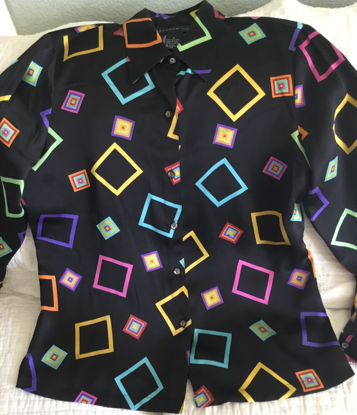 August Silk Black Colorful 100% Silk Womens Blouse Collared Shirt Size Small