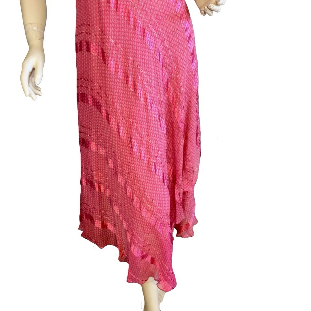 WOMEN’S VINTAGE 1970’S RED, PURPLE & GOLD SILK FARM SILK DRESS SZ S