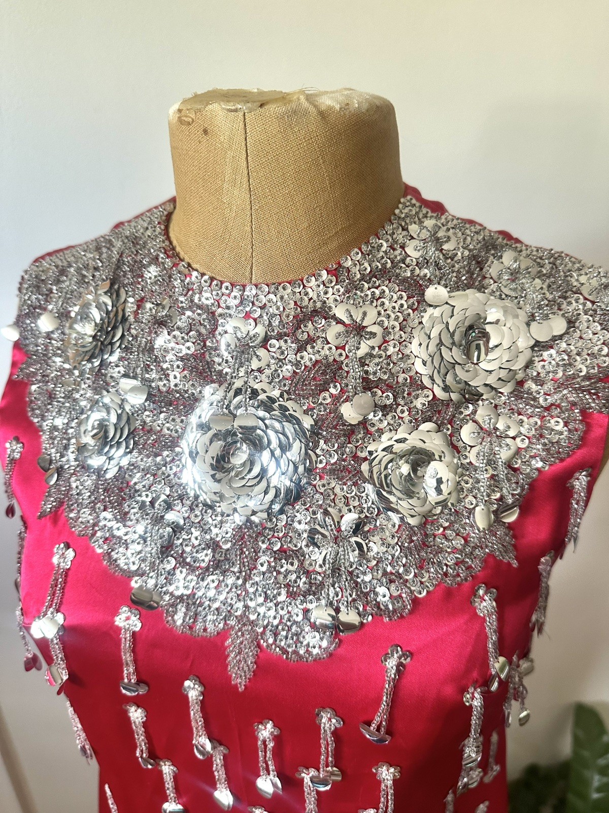 Stunning 1950’s Chinese Red Pencil Dress With Silver Embellishments, XS/S