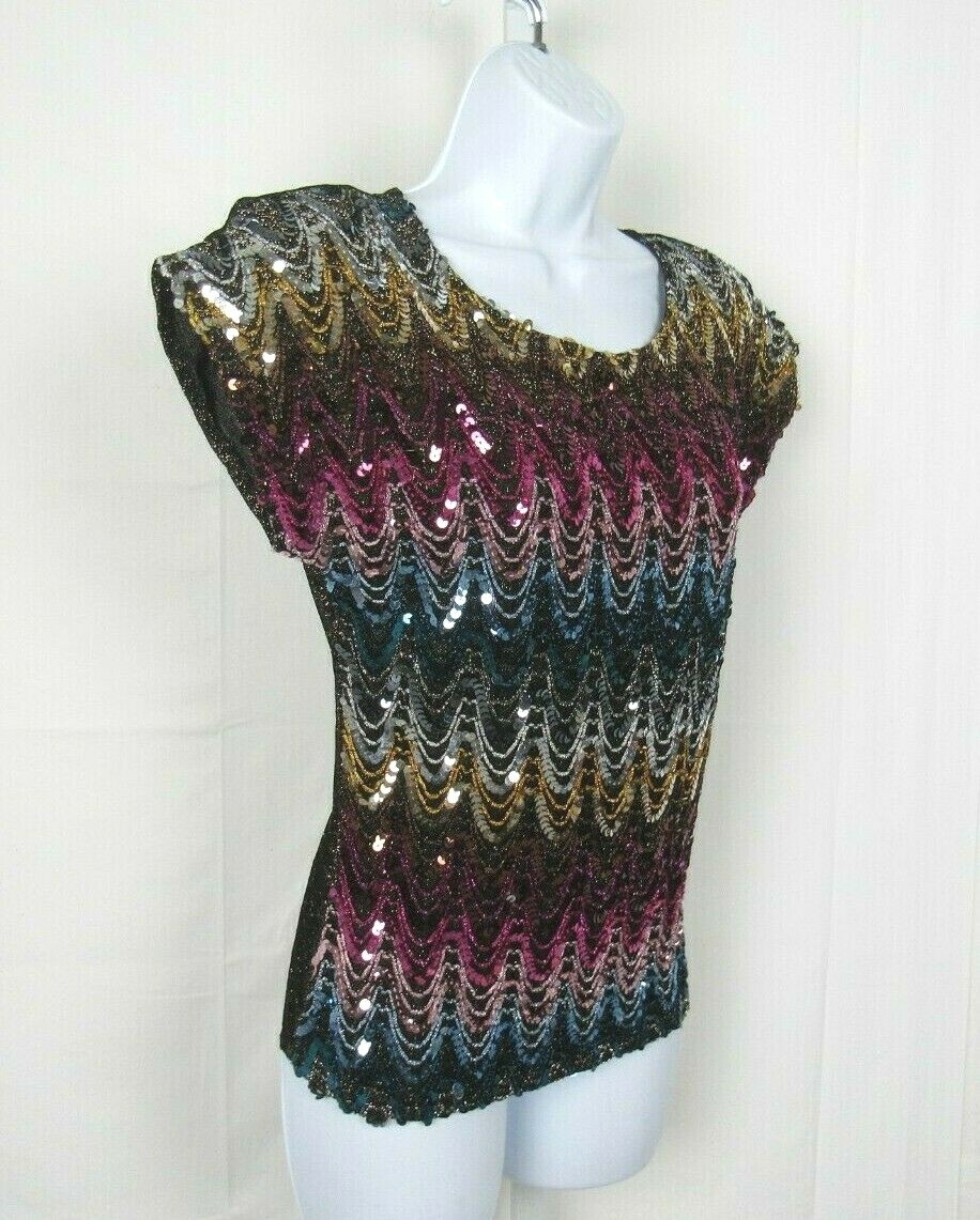 VTG 70s 80s JOSEPH II SEQUIN METALLIC THREAD GLITTER TOP MULTI COLOR DRAPED LOOK