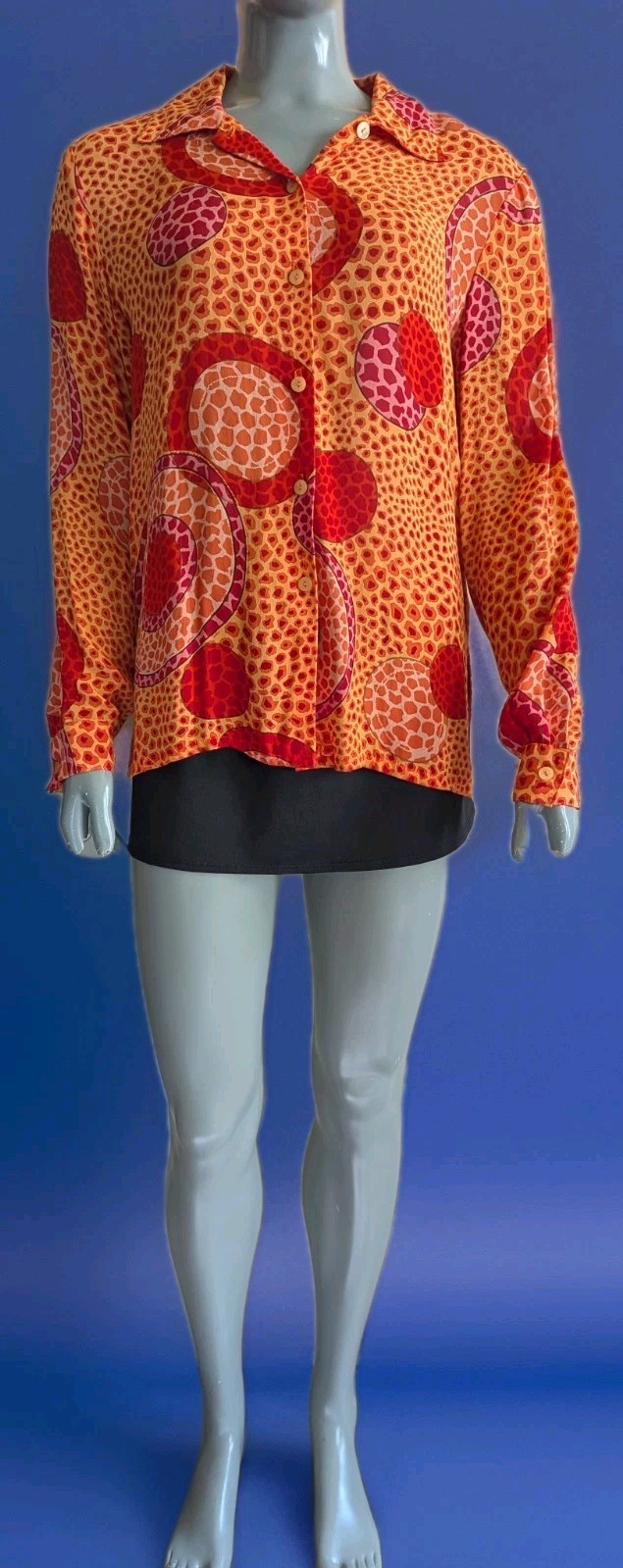 VTG Ilyse Hart Ltd Orange Rayon Button Down Shirt w/Psychedelic Bubble Print M