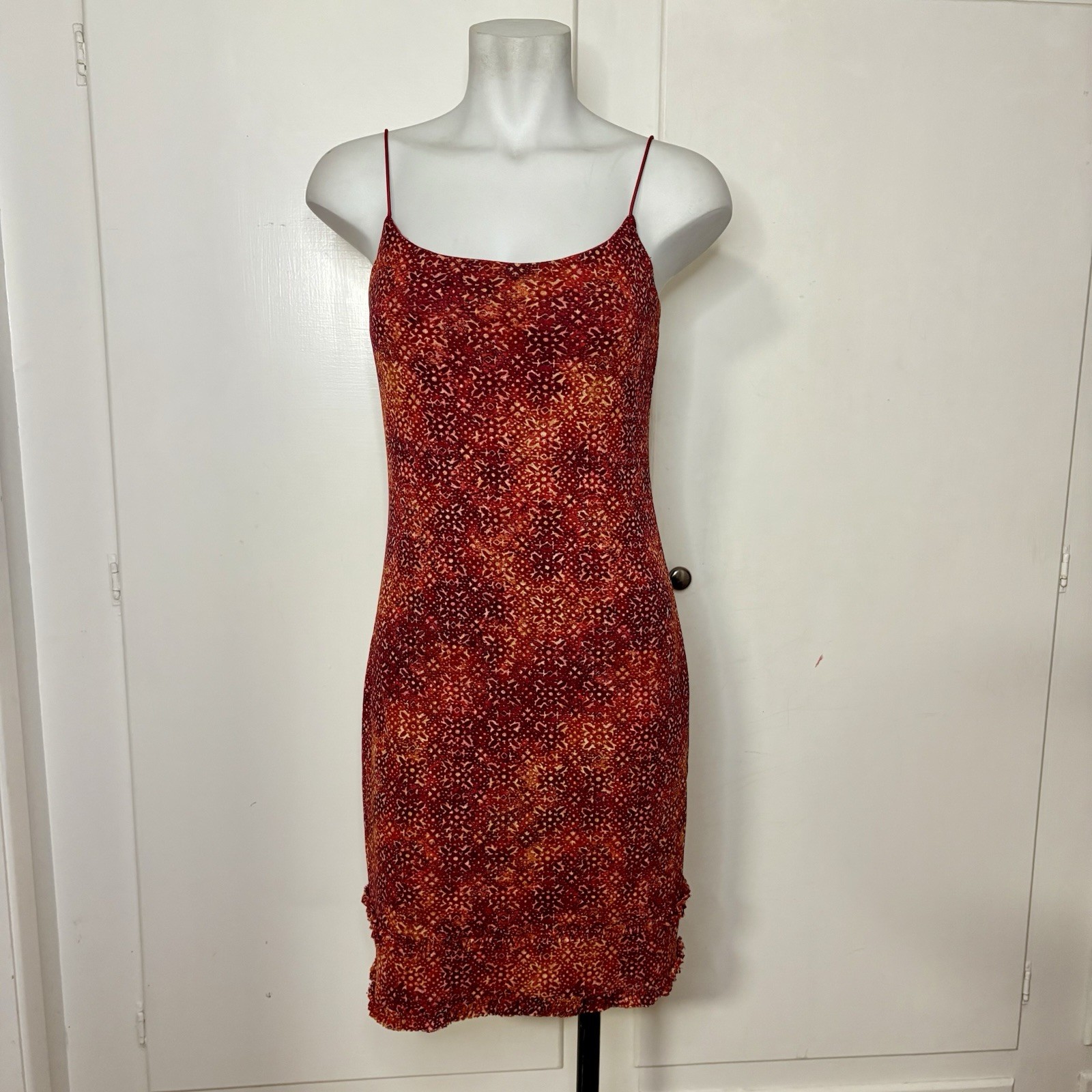 Vintage 90s IZ Byer California Red Mesh Boho Print Spaghetti Strap Mini Dress