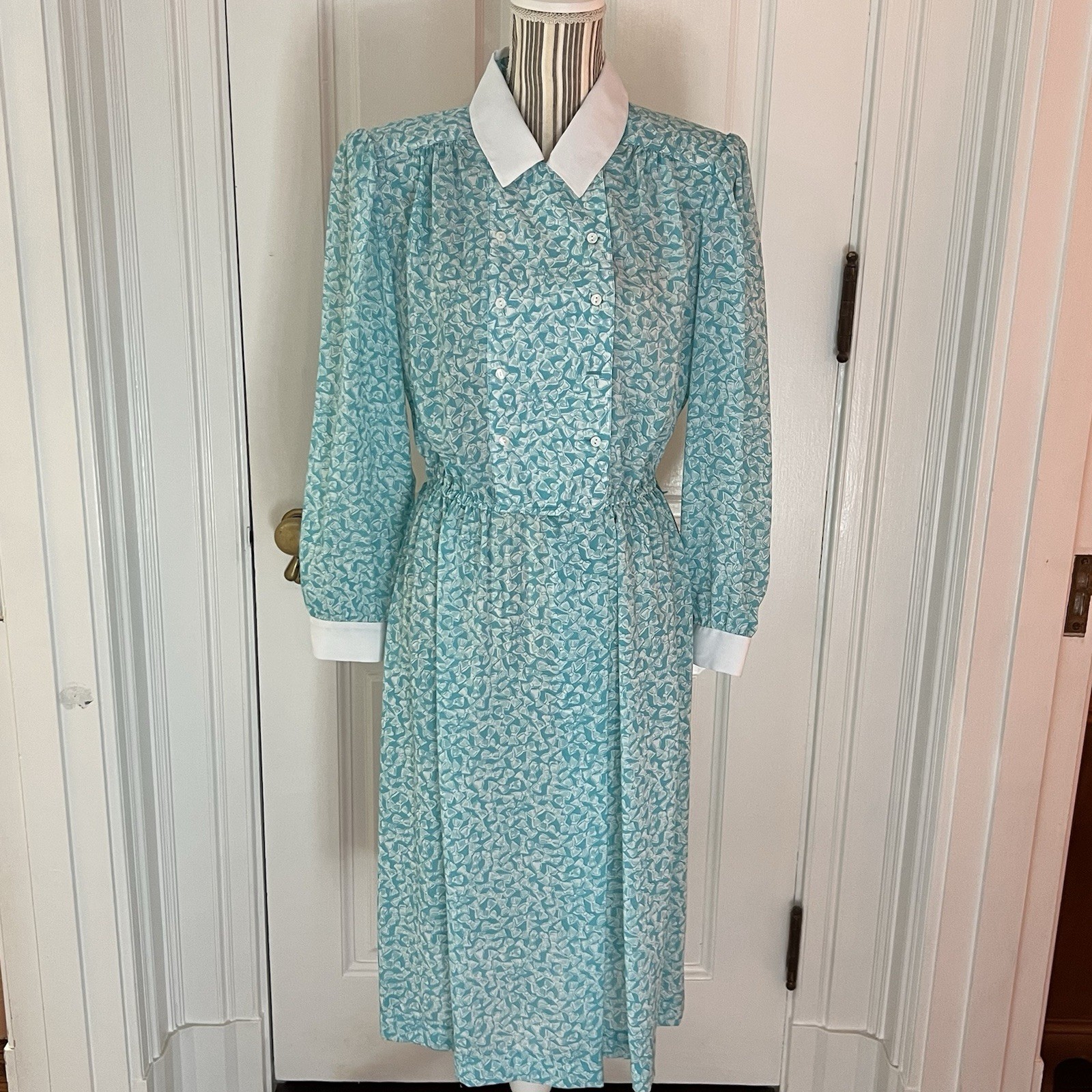 Vintage 80s Samantha Steven’s Petites Teal Bow Print Dress D151 Size 14