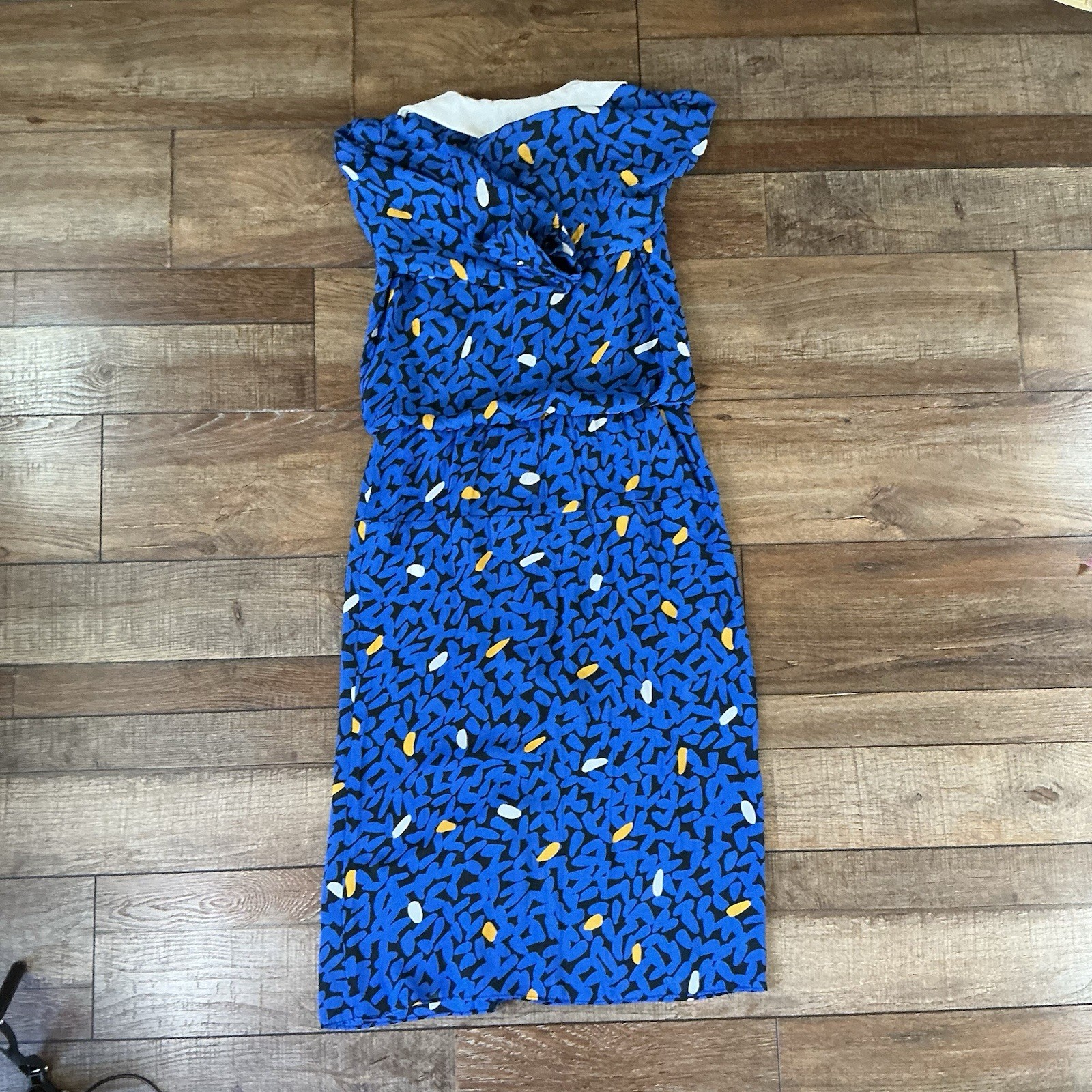 80s VTG Dawn Joy Fashions Dress Sz M Blue Abstract Print Peter Pan Collar 401014
