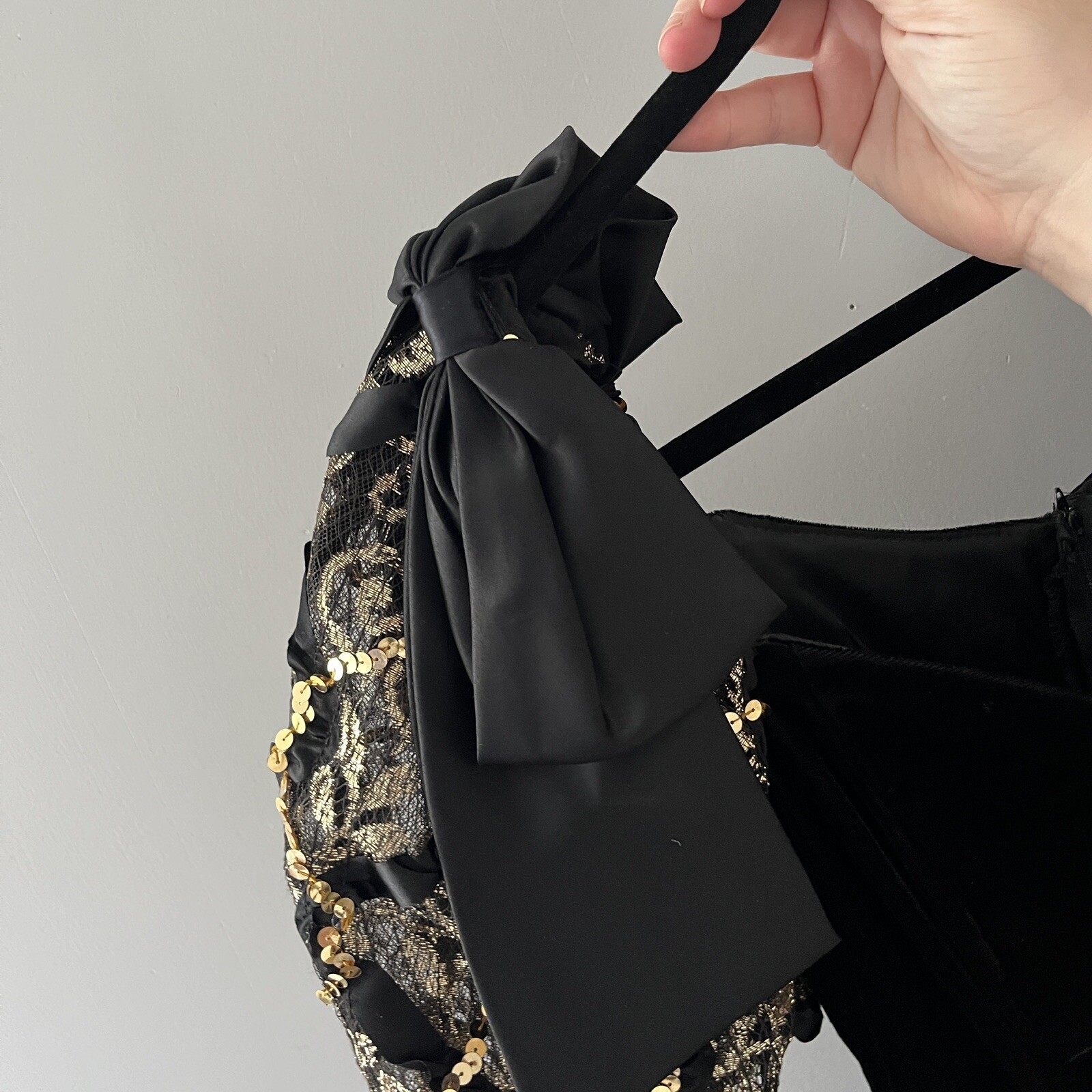 Vintage Roberta Black Velvet Tafetta Puff Sleeve Dress Satin Bow Gold Sequin