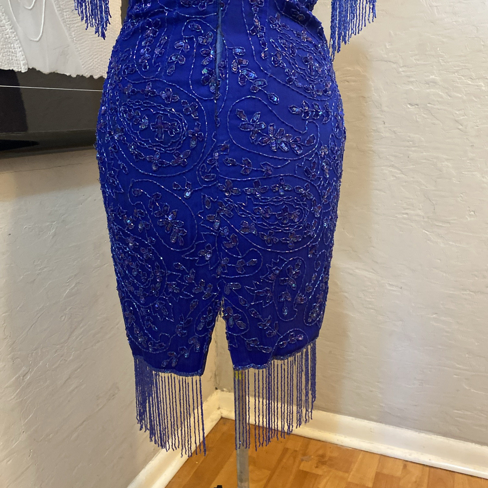 Vintage 80s Dark Blue Silk Sequin Beaded Fringe Cocktail Formal Mini Dress Med
