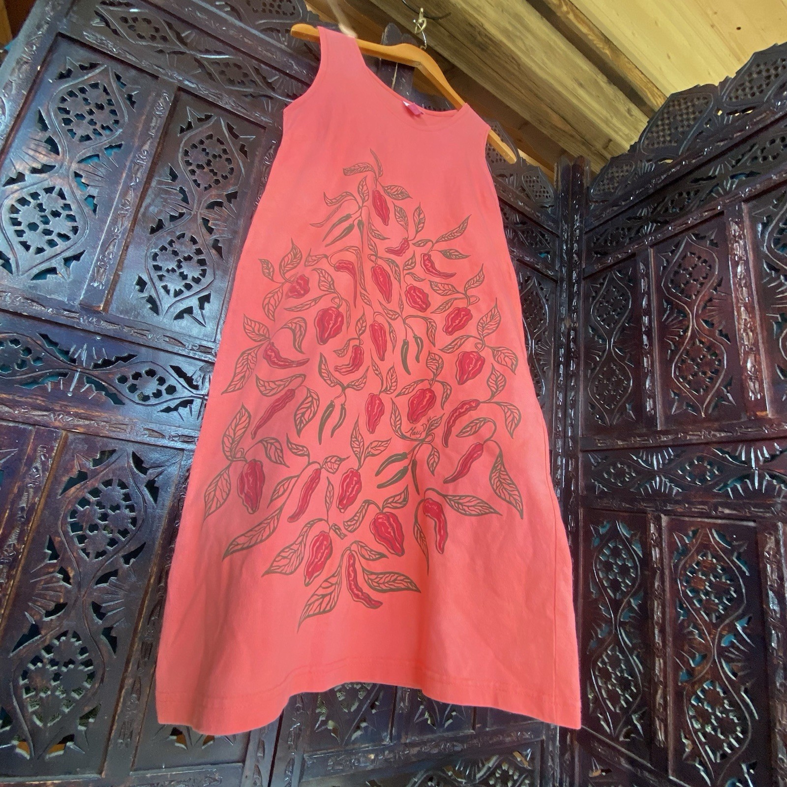 VTG 100 Cotton Tank Dress Womens S/M Coral Red Pepper Block Print Vegetable Boho