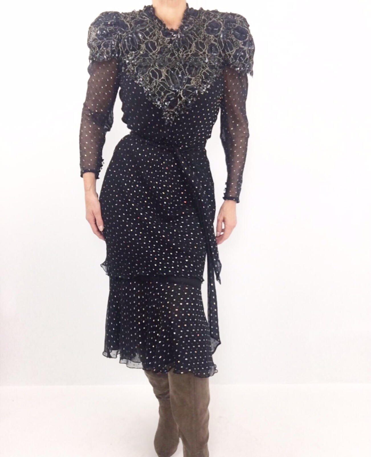 Vintage Judy Hornby Pure Silk Heavily Beaded Bodice Dress W/ Polka Dots Size M
