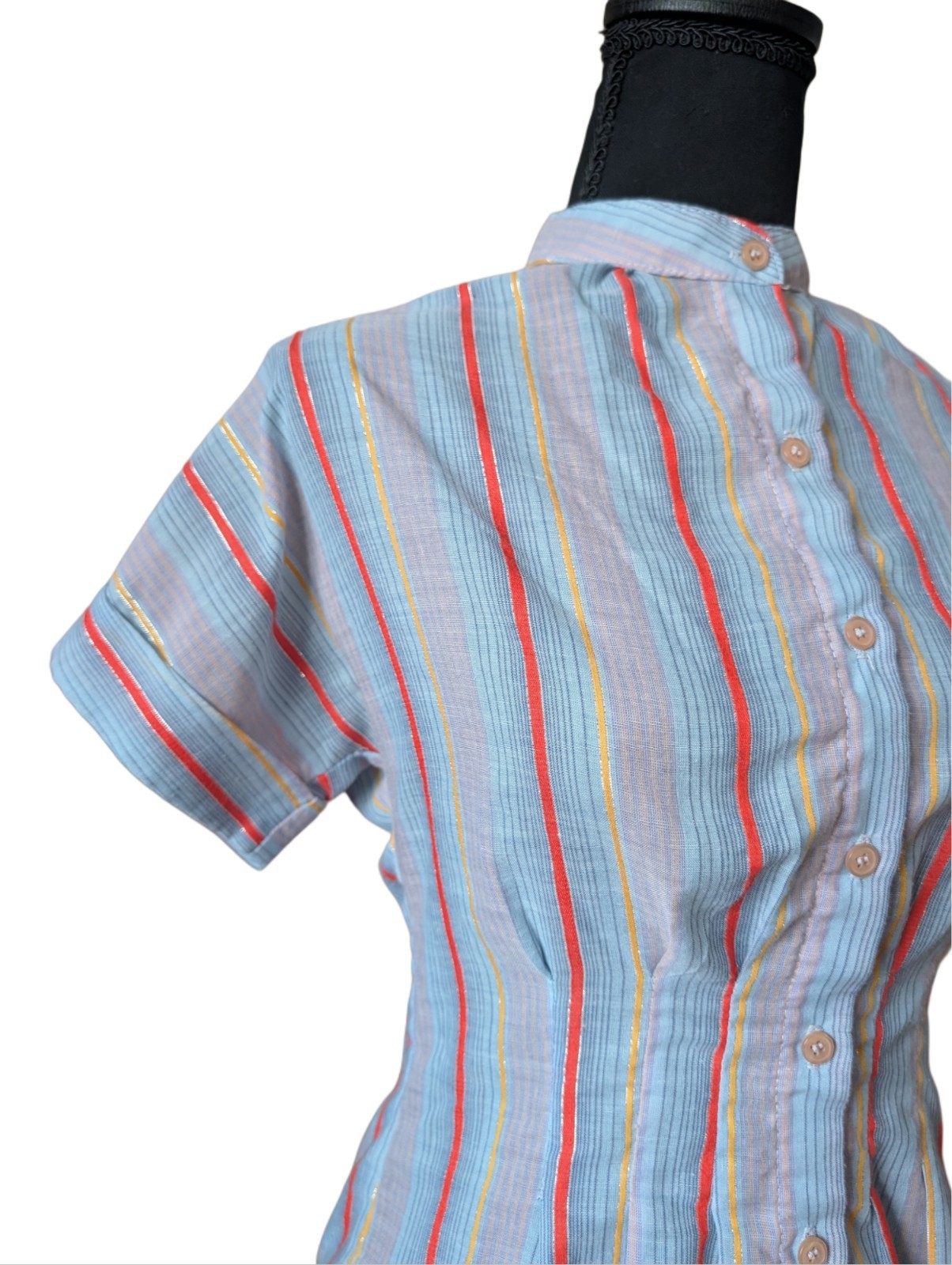 Vintage You Babes Striped Buttoned Blouse Short Sleeved Cuffed Size M