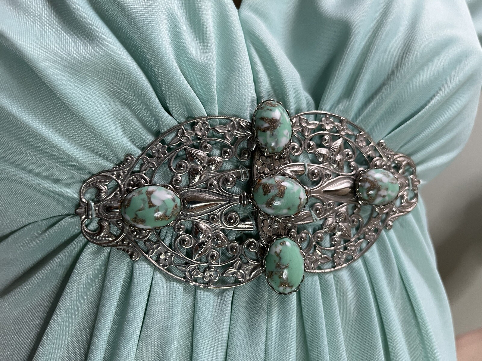 Vtg Long Dress Pale Green Maxi Silky Nylon Fabric 70s Medallion Disco SMALL