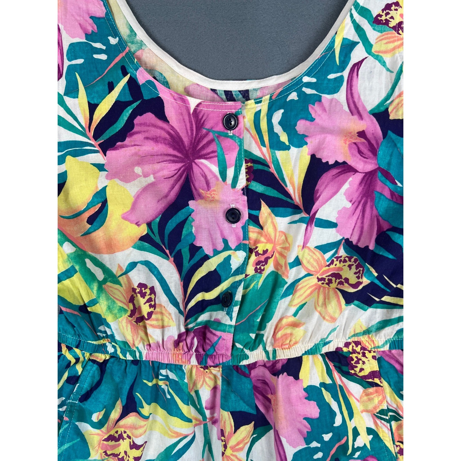 Floral Romper Vintage 90s Boho Coastal Tropical Multicolor Cotton XS