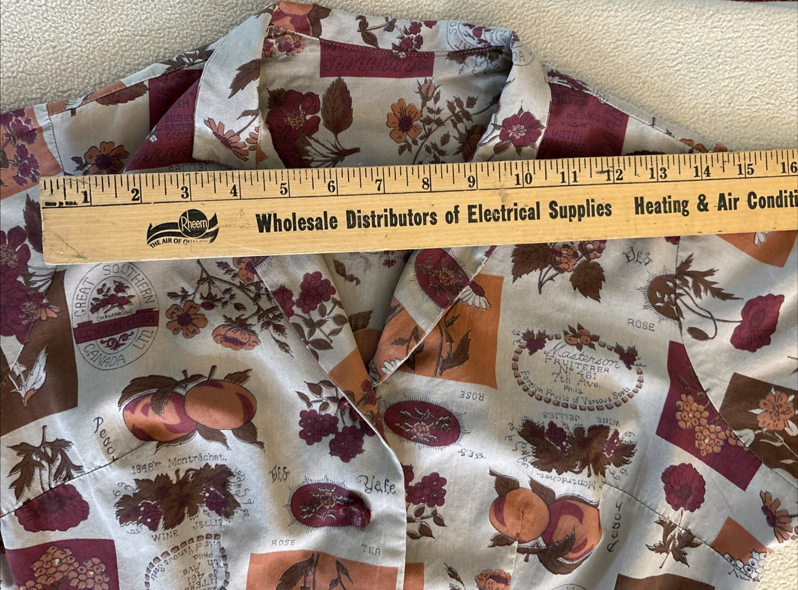 Vintage 1960’s Classic Shirtwaist Dress Tan Maroon Orange Graphics Fruit/Flowers