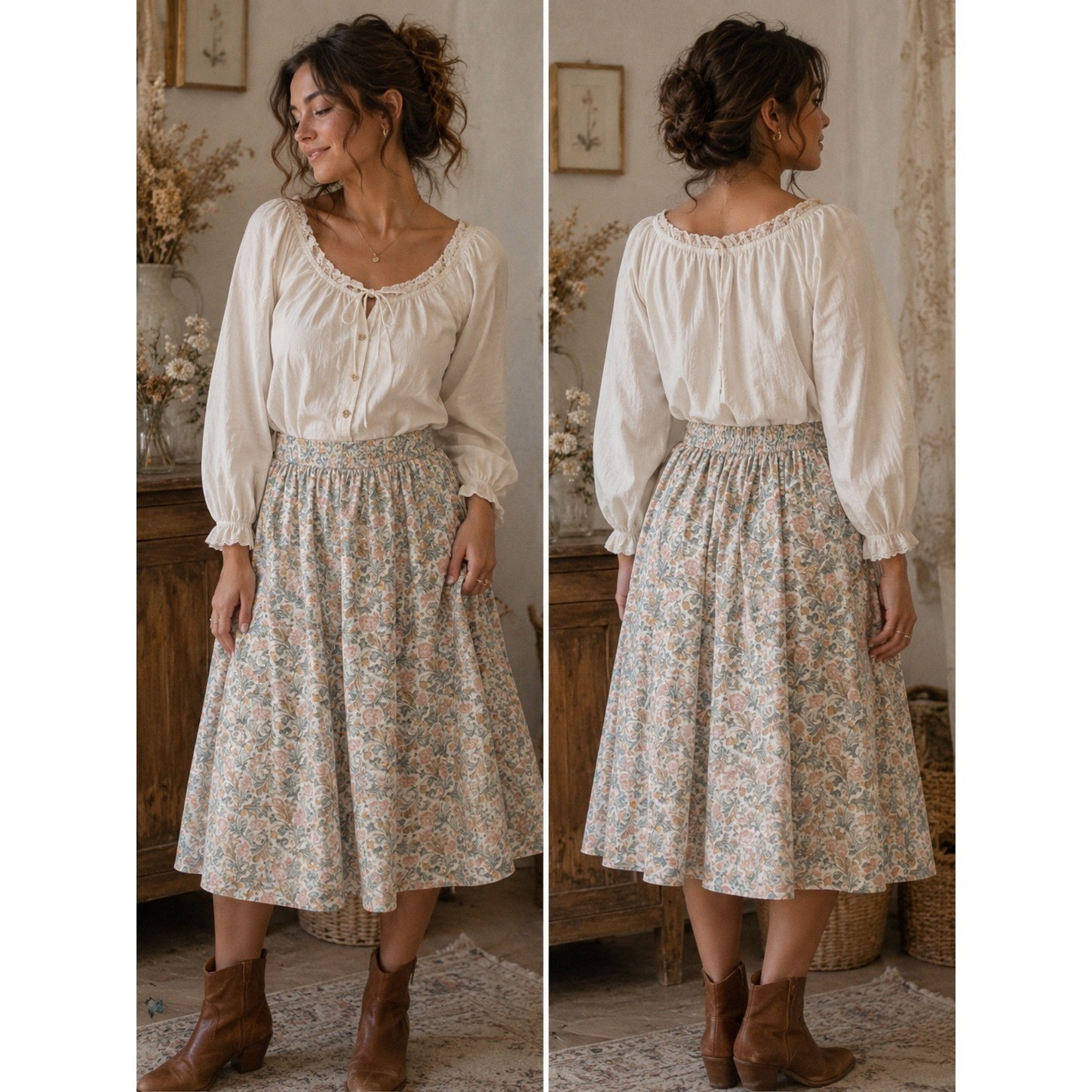 Cheryl Tiegs Apostrophe Floral Midi Skirt Cottagecore Boho 80s Pastel Rayon 6