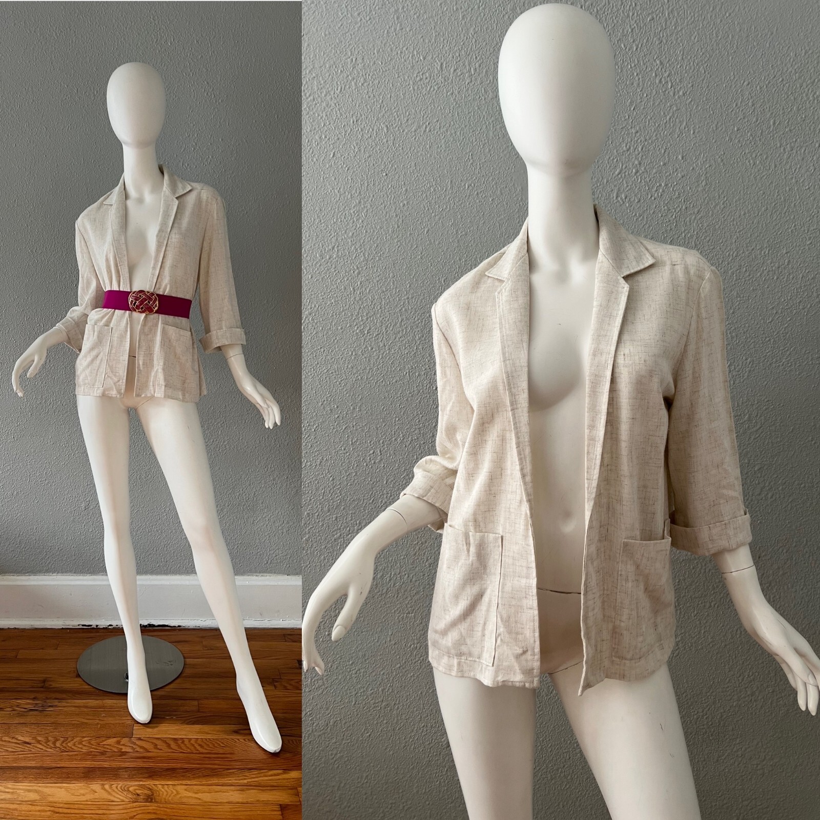 Vintage 70s Light Beige Oversized Thin Casual 3/4 Sleeve Open Blazer Jacket S