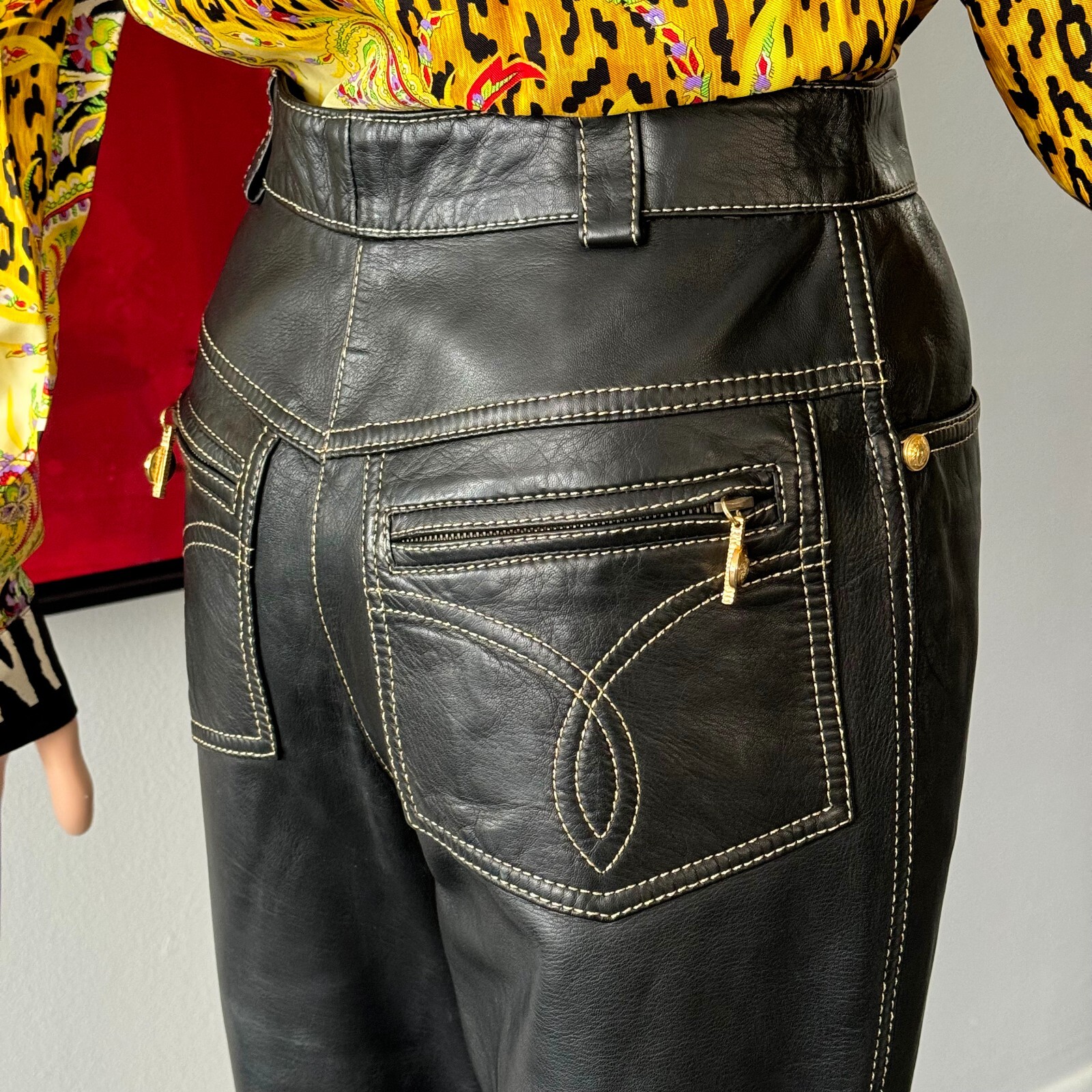 GIANNI VERSACE black leather pants w/ gold stitch size IT 42 from F/W 1992/93