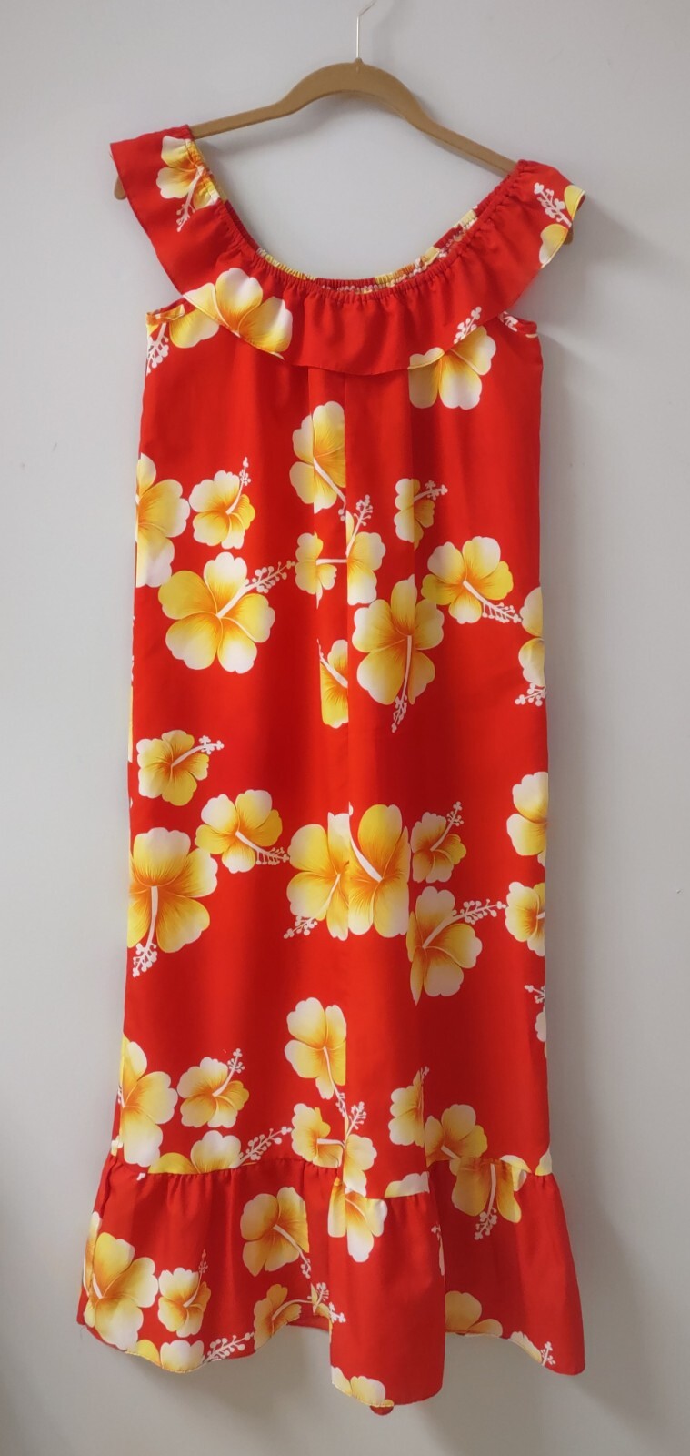Vintage POMARE Red Yellow Hawaiian Flower Ruffle Dress XS