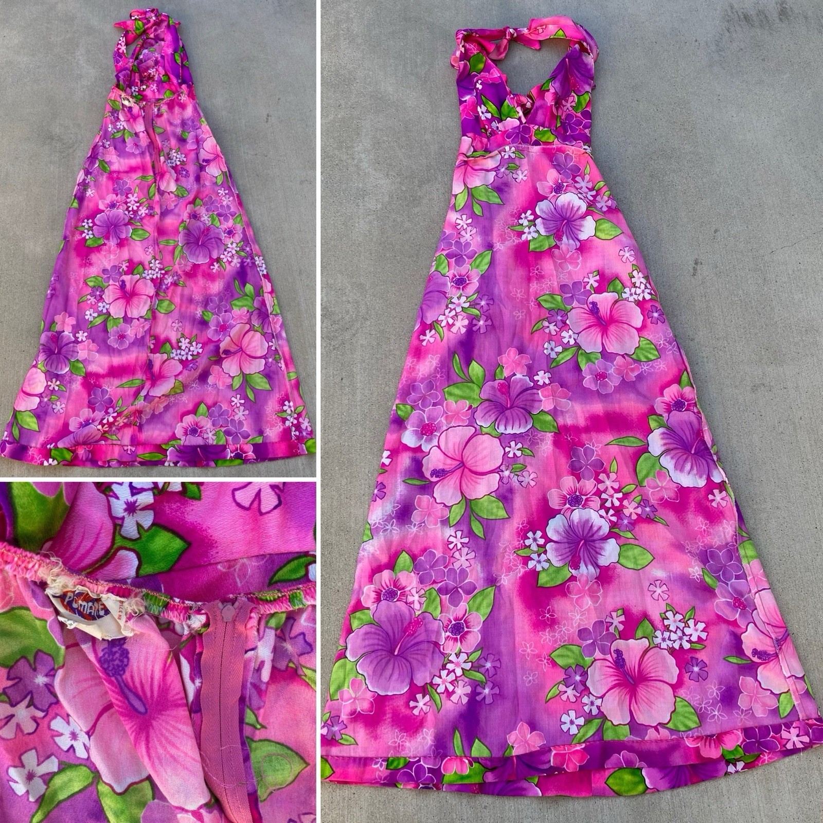Vintage Pomare Hawaii Acrylic Hawaiian Halter Dress Ruffle Top Tiki Aloha Pink