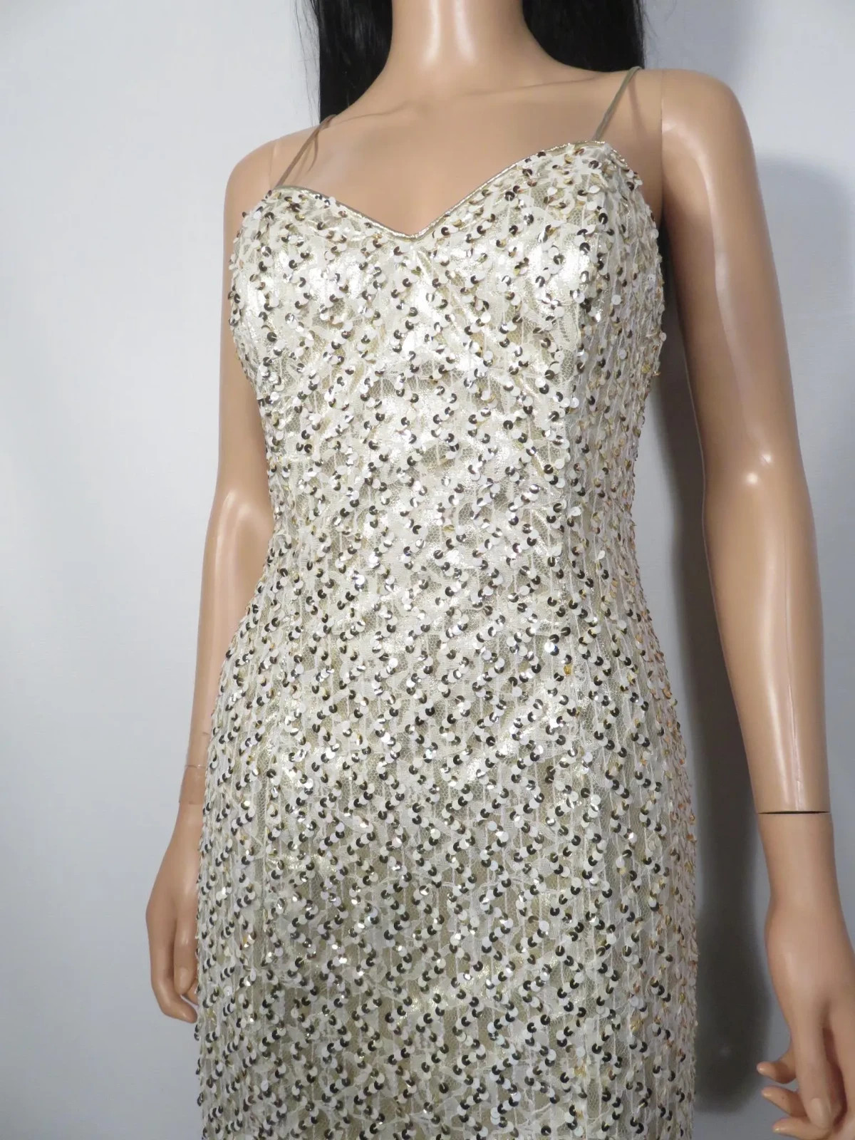 Vintage White And Gold Sequin Cache Lace Up Back Spaghetti Strap Dress Size S