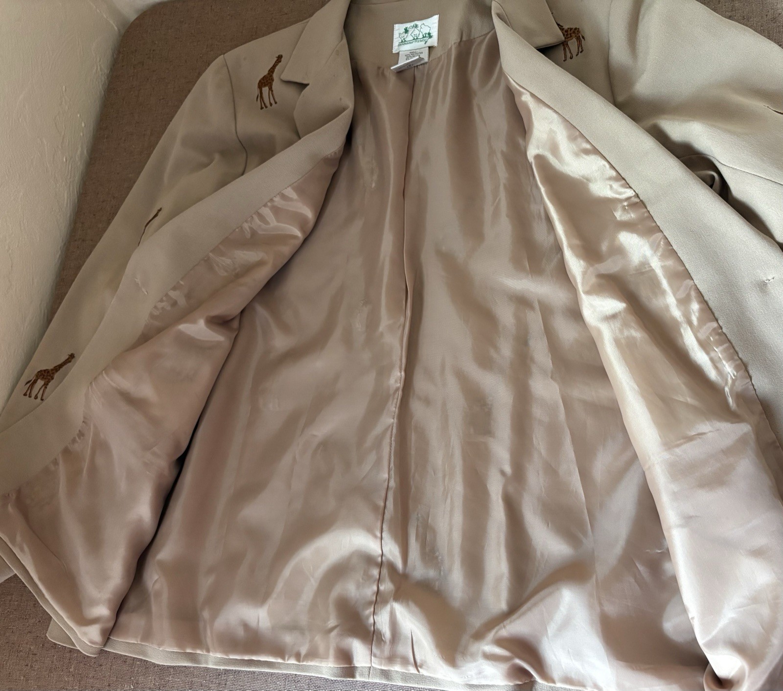VTG The Quacker Factory 1X Embroidered Giraffe Blazer Camel Khaki Retro Safari