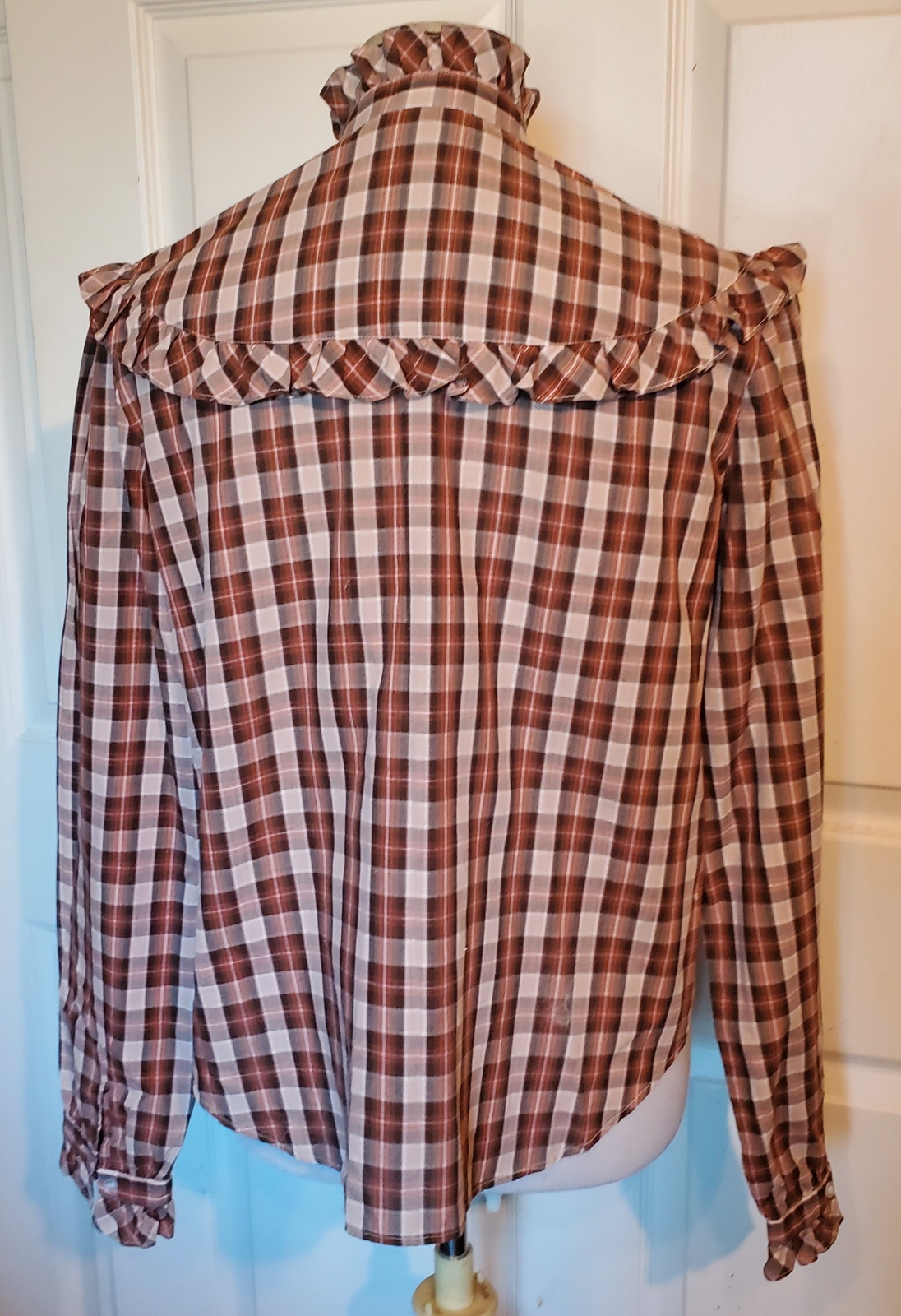 Vintage Brown Plaid Cotton Long Sleeved Blouse Shirt Ruffled Stuart Lang 15/16 n