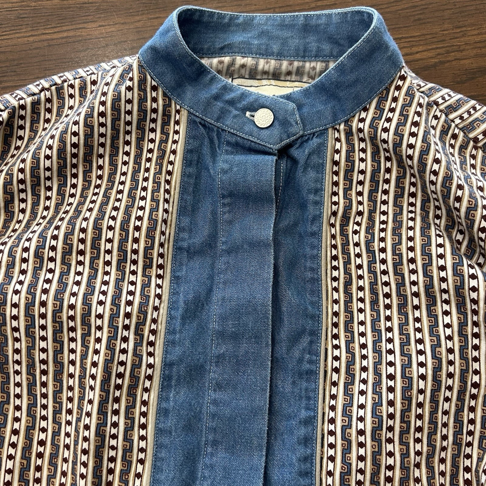 Vintage 80s Wrangler Western Women’s Aztec Striped Denim Bib Shirt Small