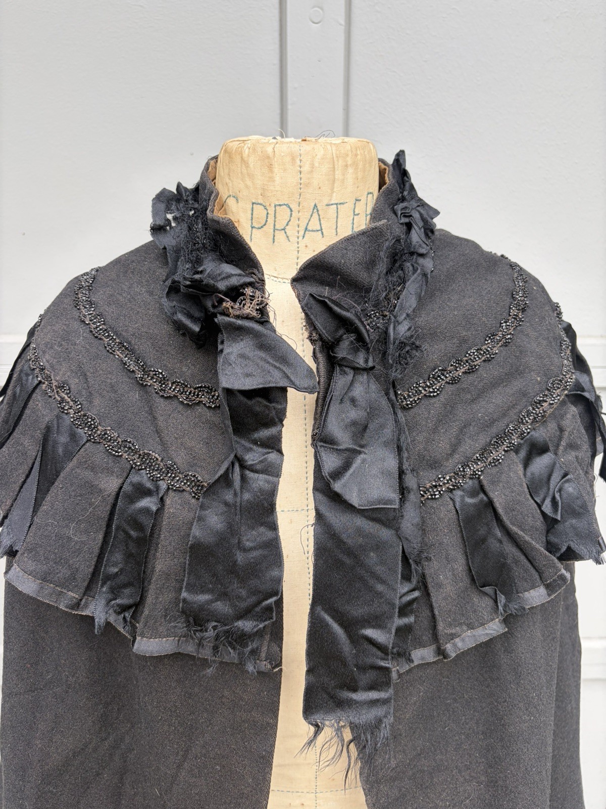Antique Victorian Black Wool Beaded Evening Cape Capelet Cloak Mourning 1800s