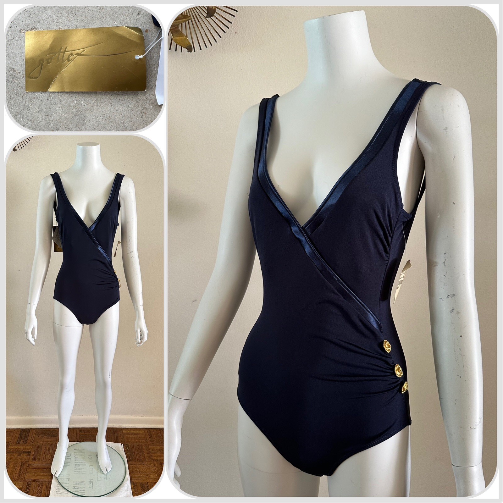 1990s Gottex One Piece Swimsuit Lycra Sensations Floral Buttons Resort 6 80s VTG