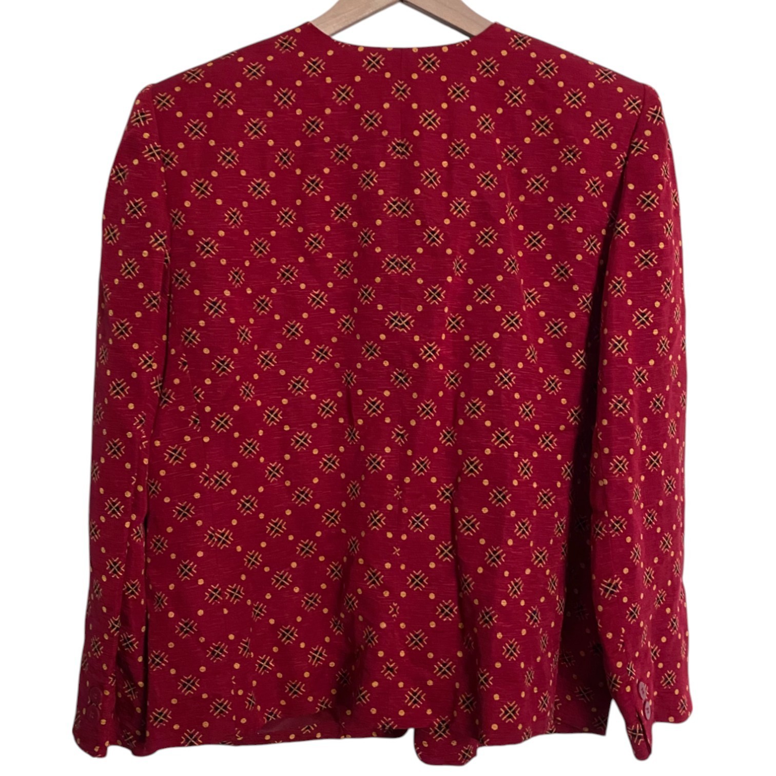 Red Silk Linen Collarless Blazer with Front Flap Pockets, Size 14