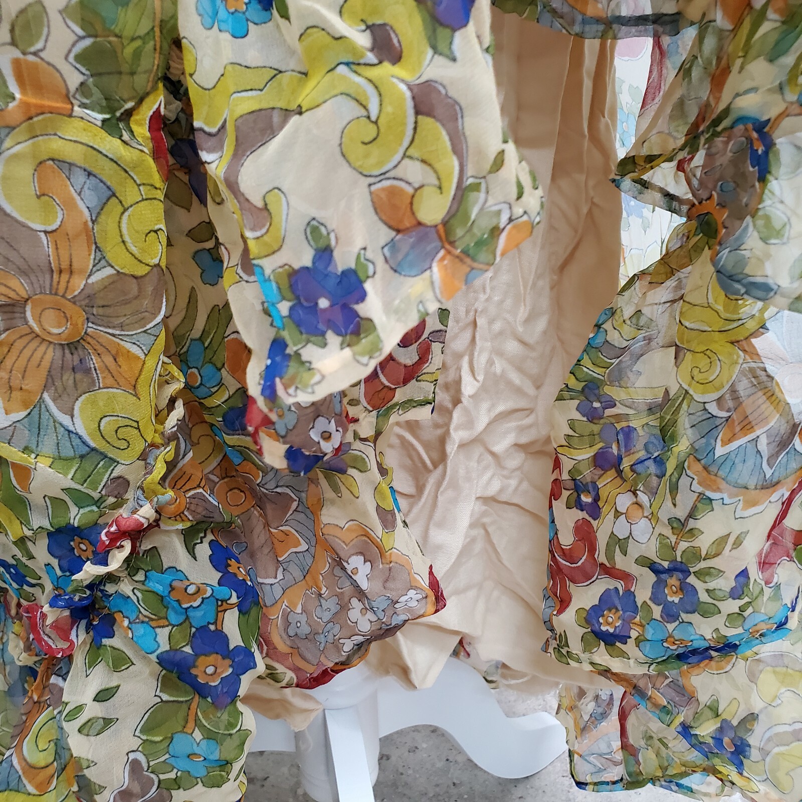 Vintage 70’s Maxi Dress Peasant Colorful Psychedelic Floral Hippie Sheer Chiffon