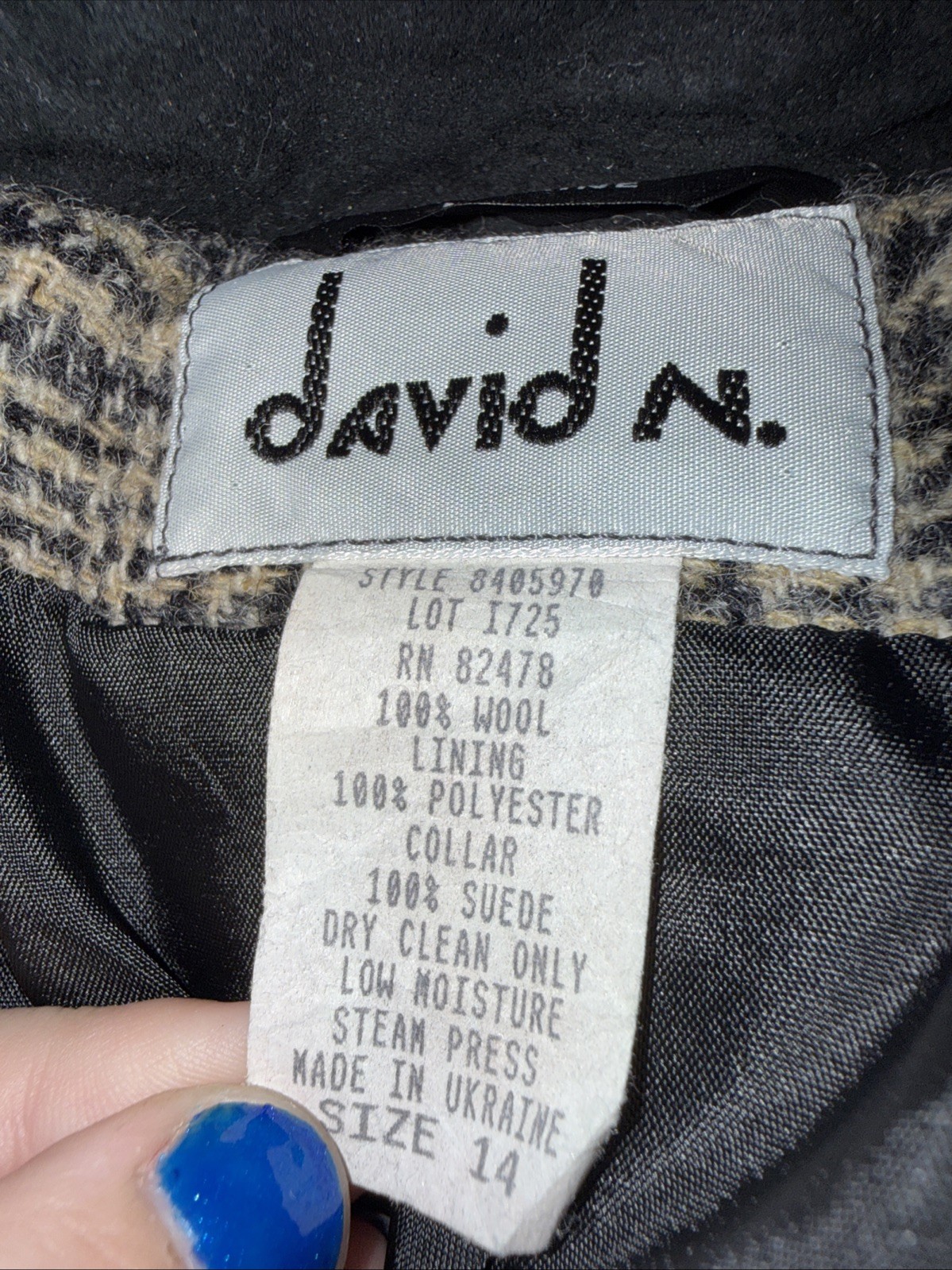 VTG David N 1980s Blazer Black White 100% Wool Velvet Collar And Buttons Sz 14