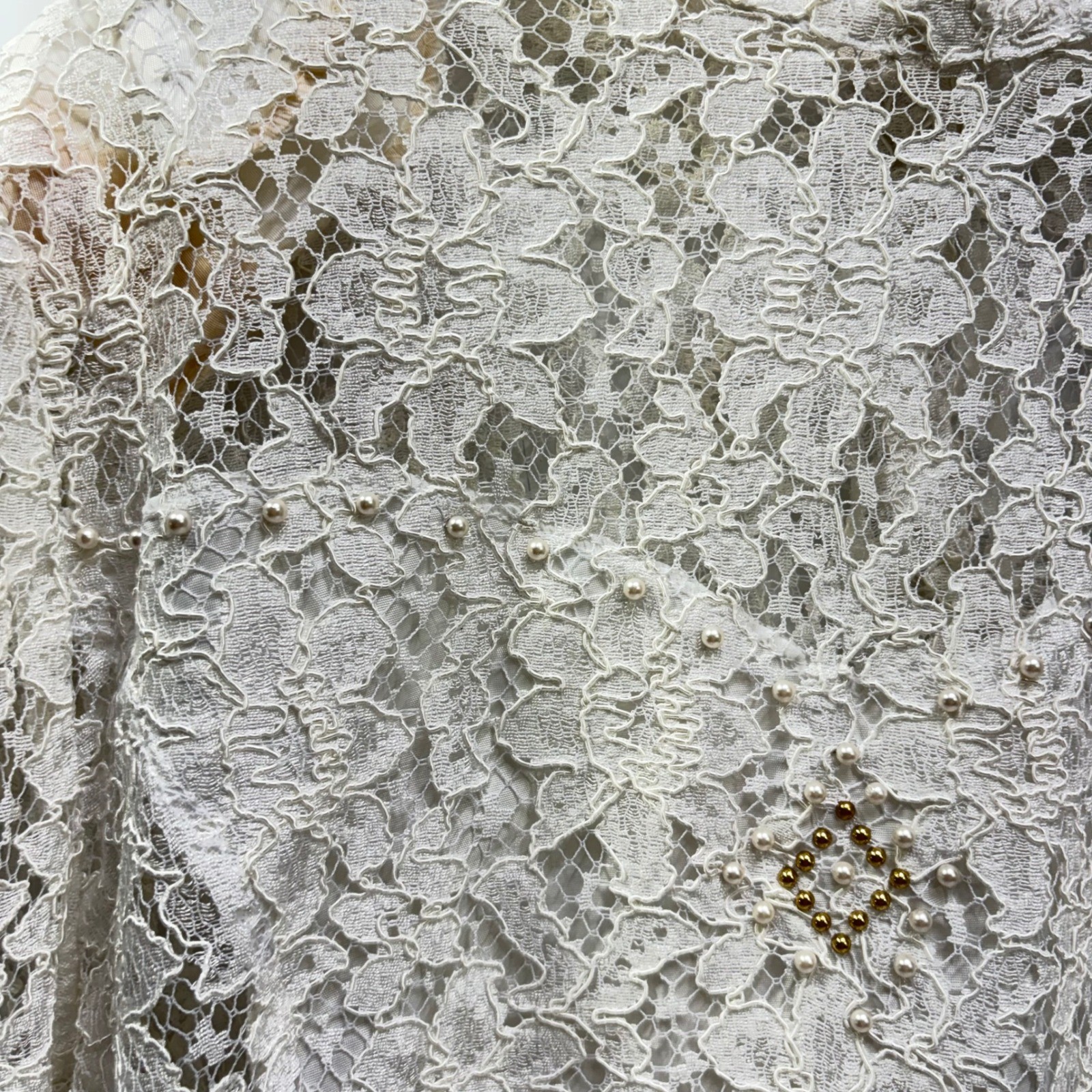 VTG Off White Floral Lace High Neck Button Blouse Sheer Beaded Back Top France