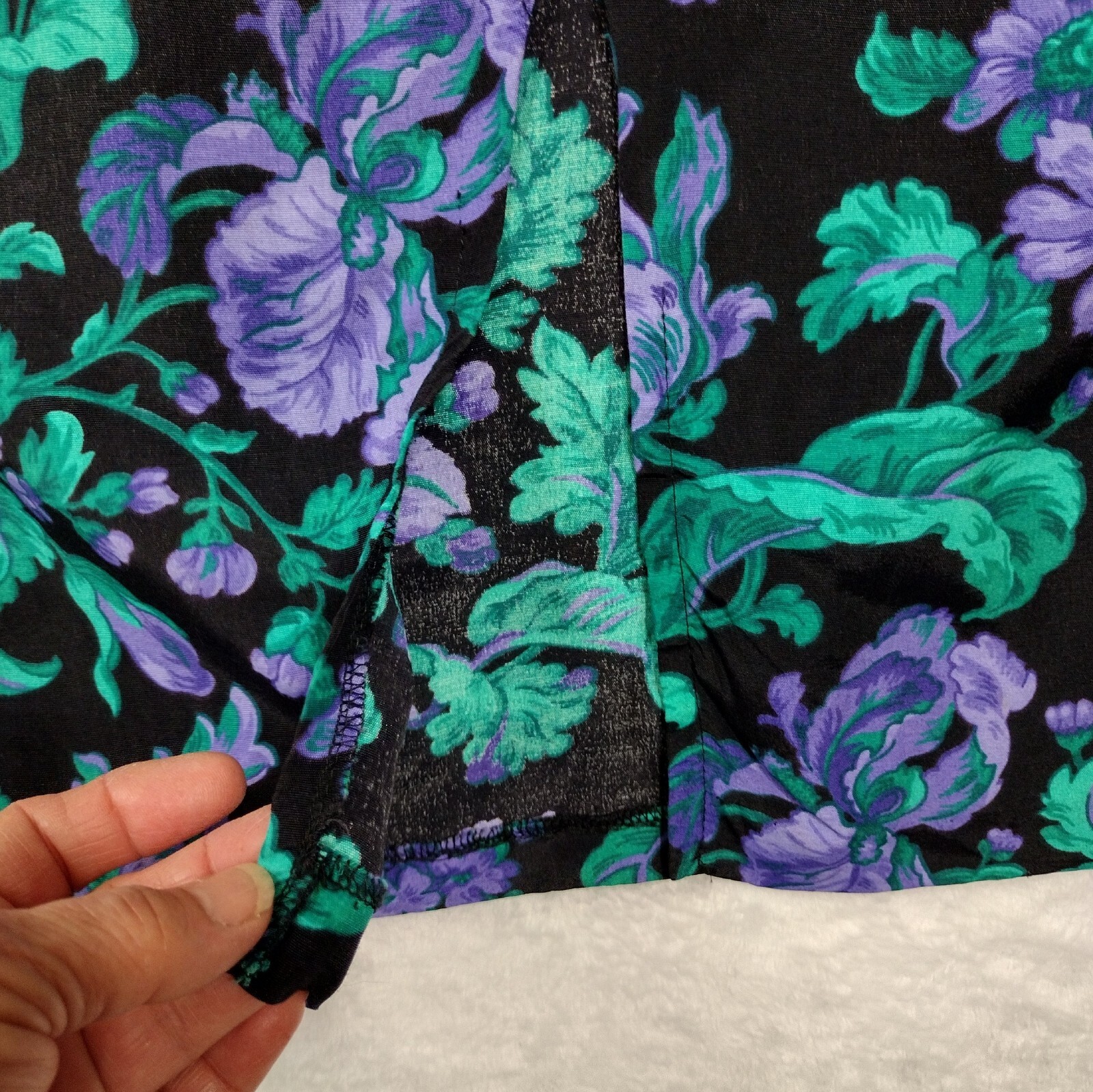 Vintage Ansley Midi Dress Black w/ Purple Flowers Pockets 80s 90s Made USA READ