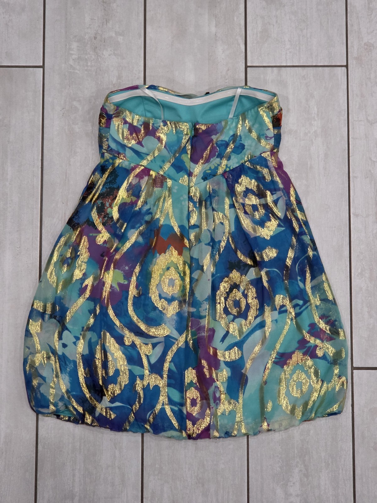 XSCAPE Y2K Vintage Silk Blend Strapless Bubble Hem Dress Metallic Gold Abstract