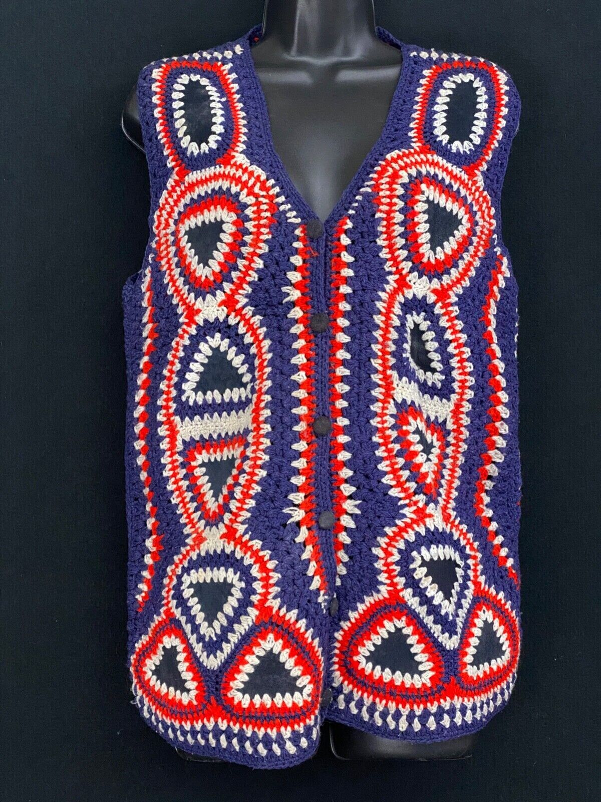 Vintage 1970s sweater vest, leather patchwork crochet top shirt red blue white