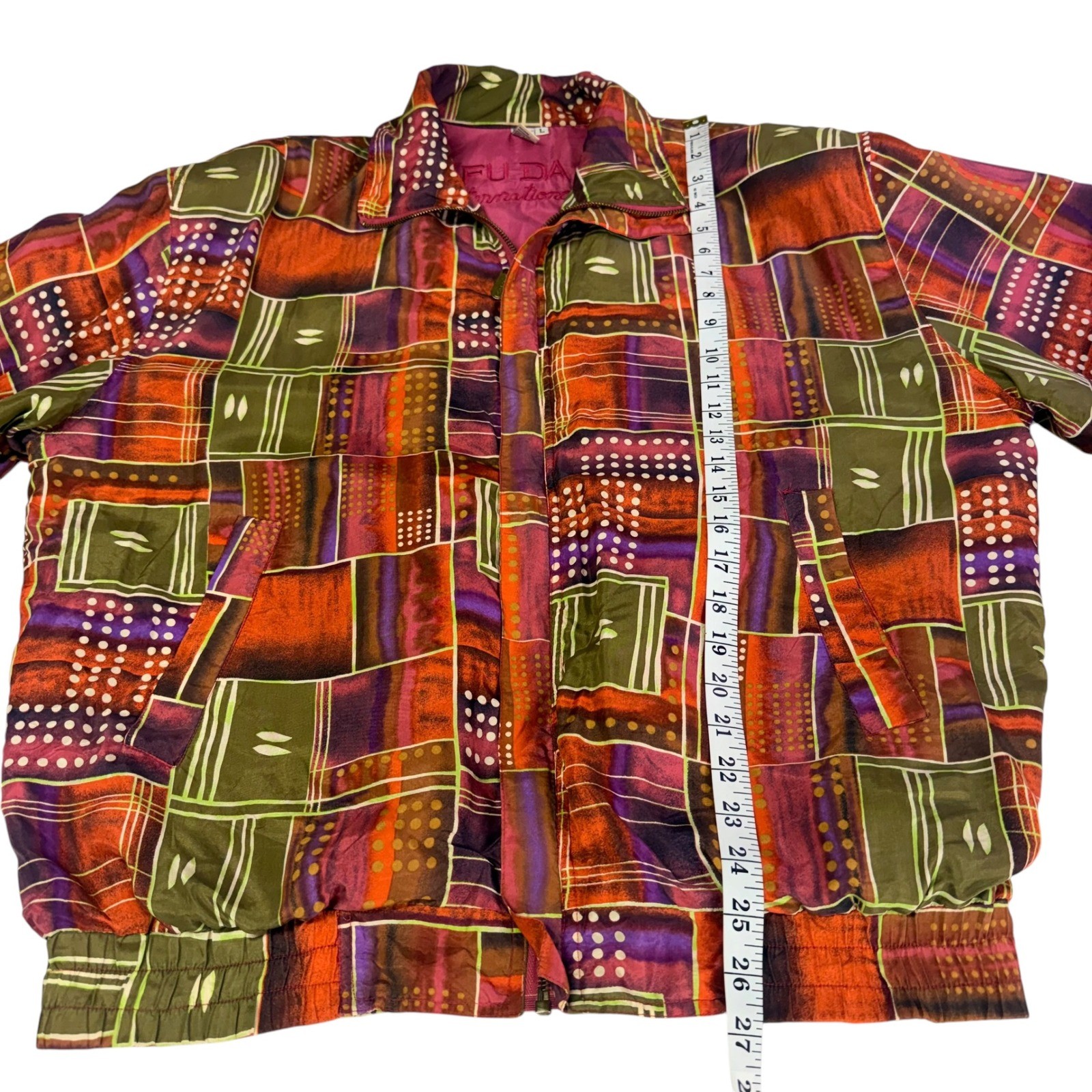 Fuda International Vintage 100% Silk Geometric Patchwork Bomber Jacket Large