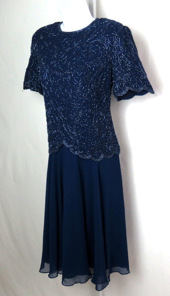 VTG 1980s BRILLIANTE BY JA BLUE BEADED DRESS SIZE PM POLY CHIFFON