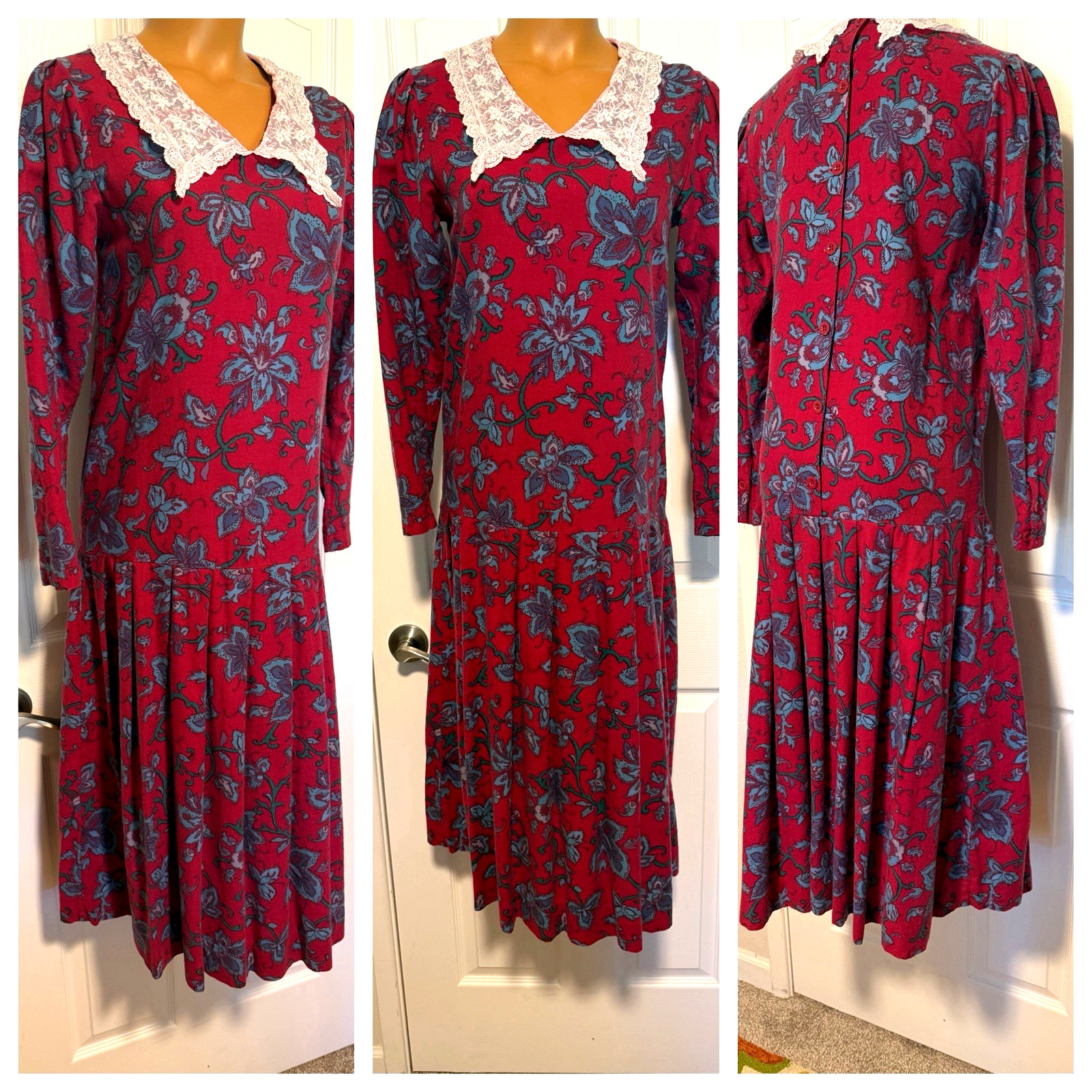 VTG 80’s LAURA ASHLEY DEEP PINK FLORAL W/ LACE COLLAR DROP WAIST DRESS SZ 10