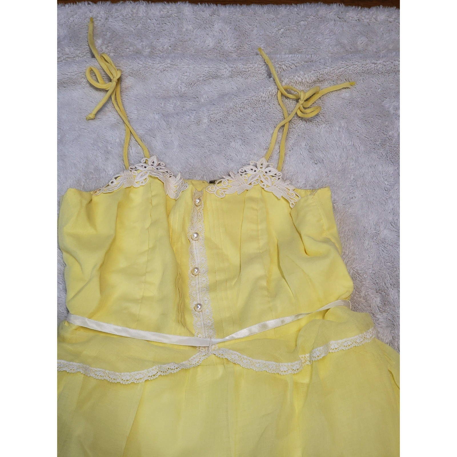 Vintage Soft Yellow White Lace Spaghetti Strap Tiered Babydoll Maxi Dress 11 XS