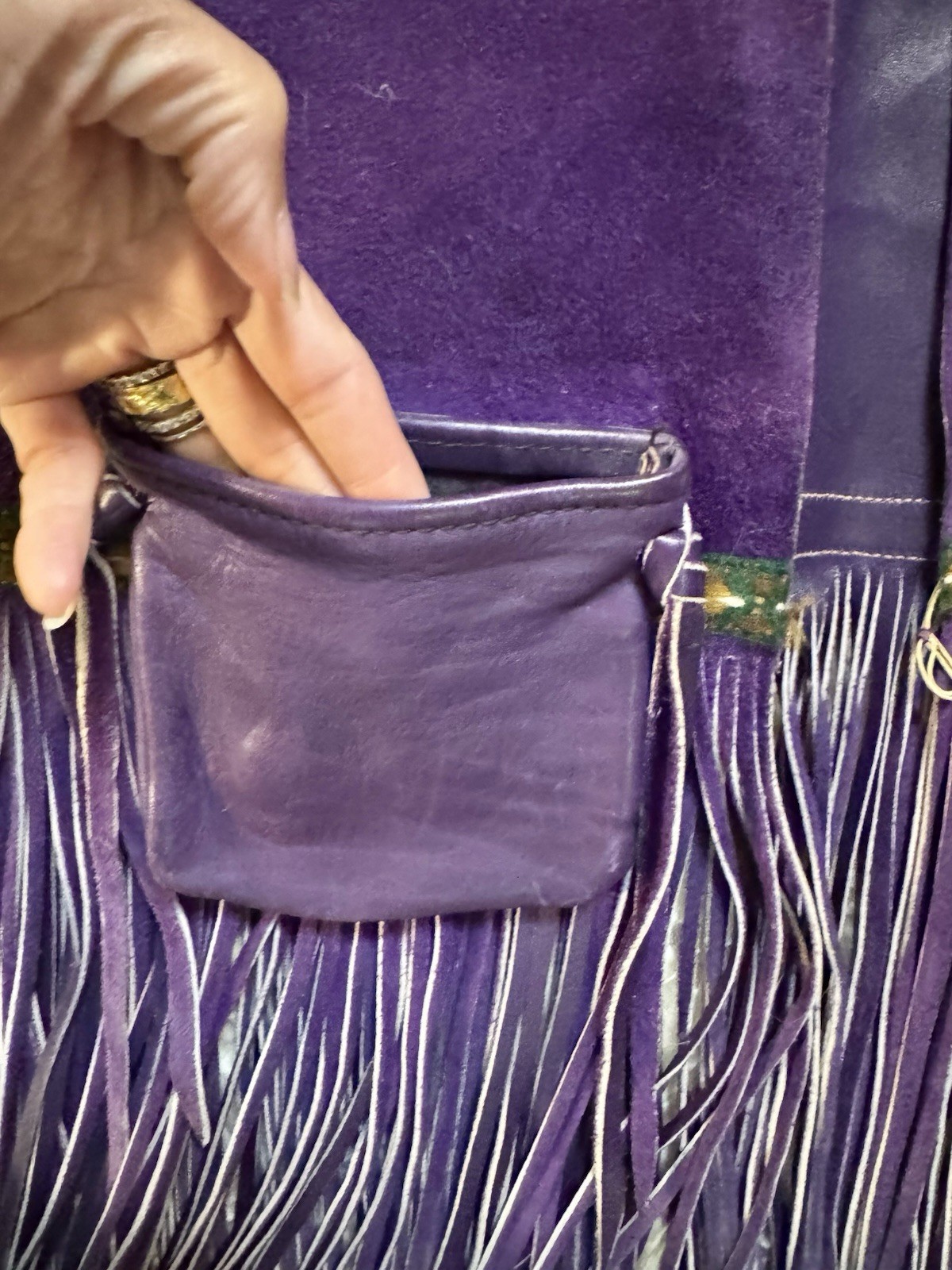 Vtg 70s Purple Leather Suede Vest Fringe Pocket Boho Rock Star Jacket Unisex