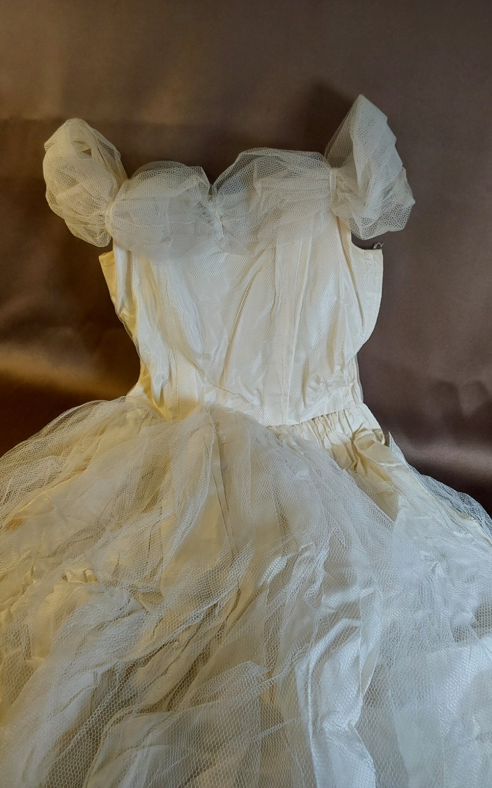 Vintage 1950S Handmade Crepe & Tulle Ivory Gown-XS/S