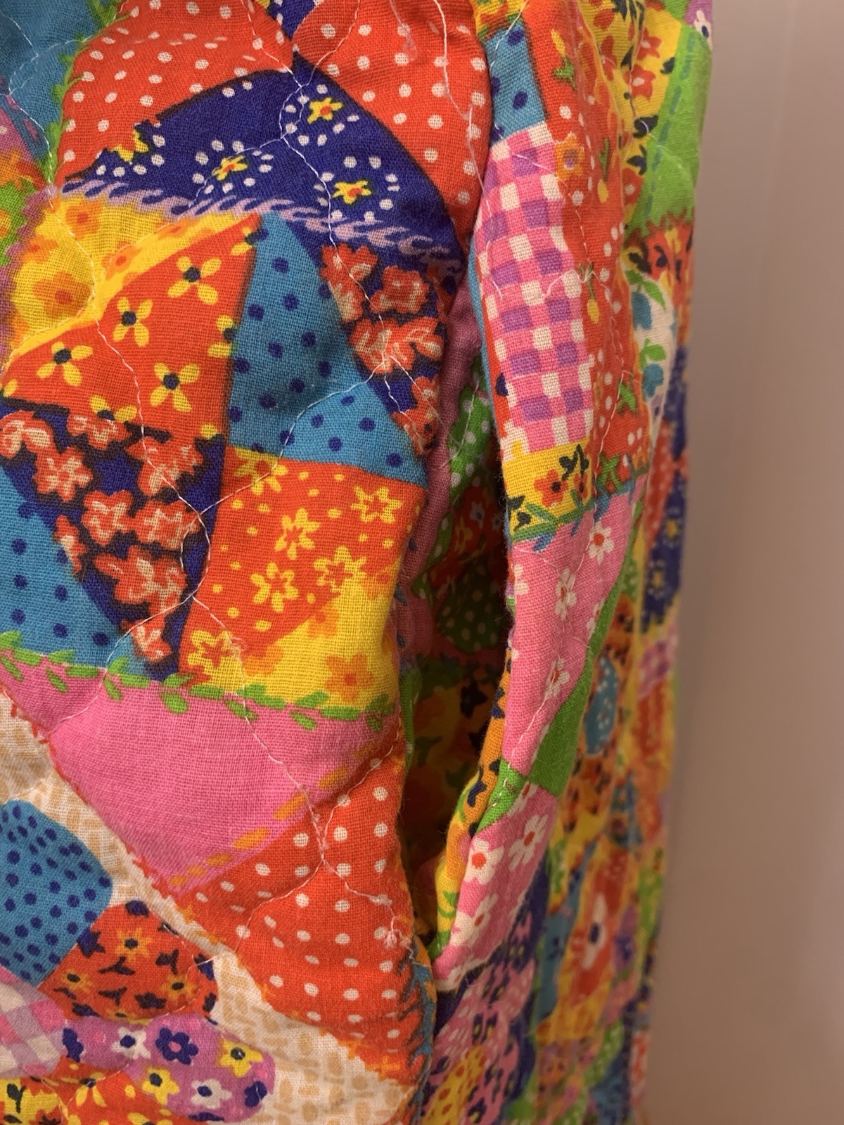 Vintage 1970s Patchwork Robe House Coat Cheater Quilt Psychedelic Funky Retro