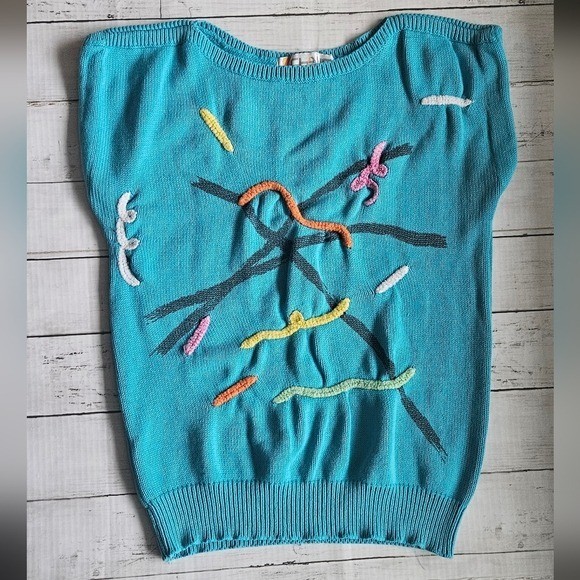 Vintage Chaus Turquoise Blue Abstract 3D Squiggle Knit Sweater Vest Top Medium
