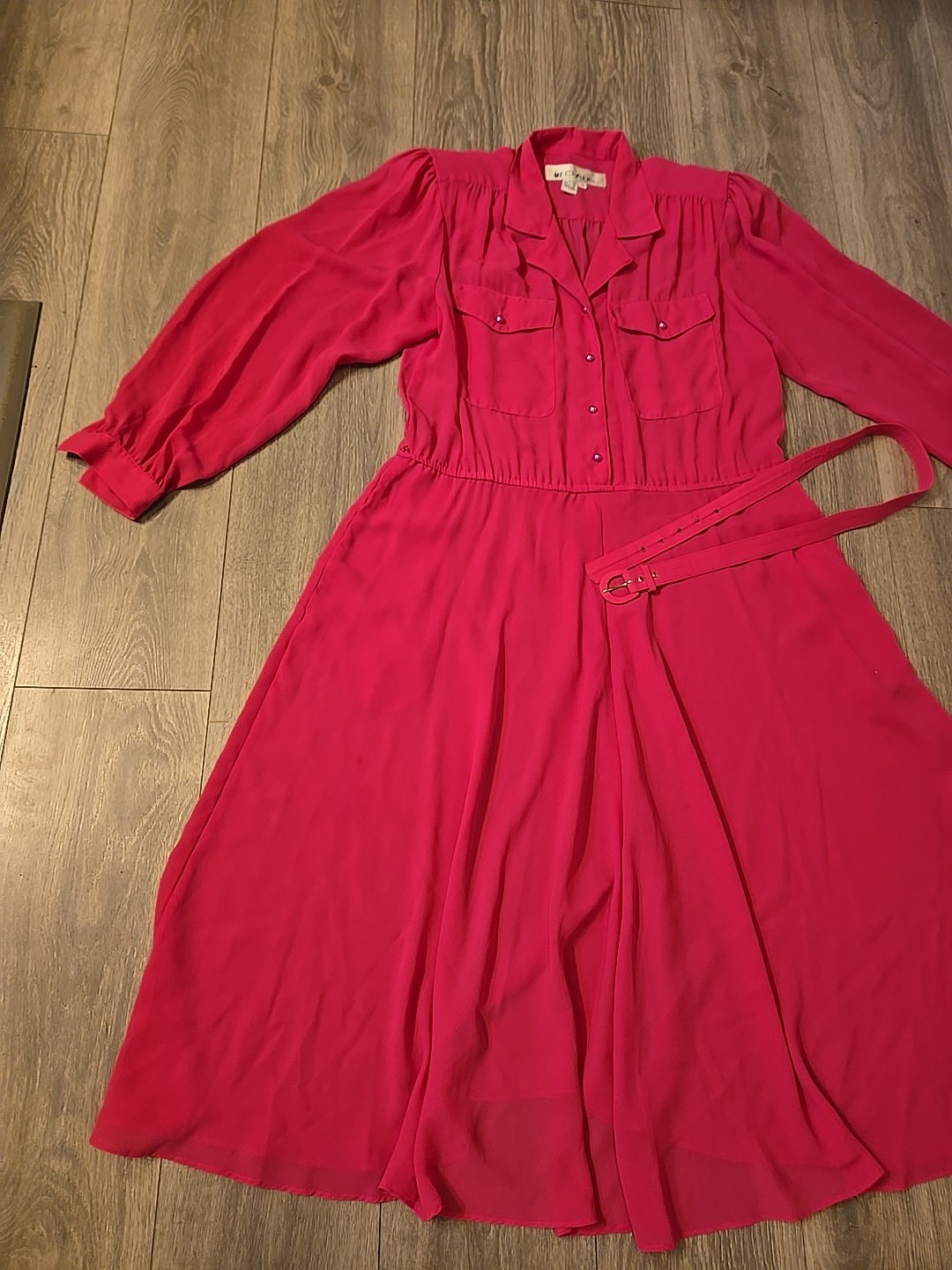Vintage 1980s Ms Chaus Pink Belted Secretary Dress Size 12 Silky Button Down