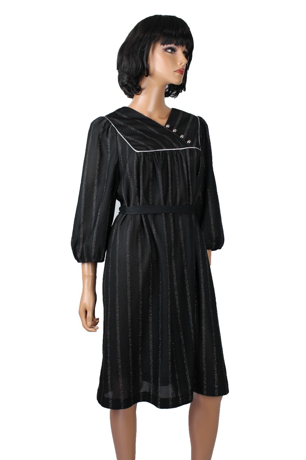80s Cocktail Dress XL Black Stretchy Sparkly Silver Glitter Stripe Shift Tent