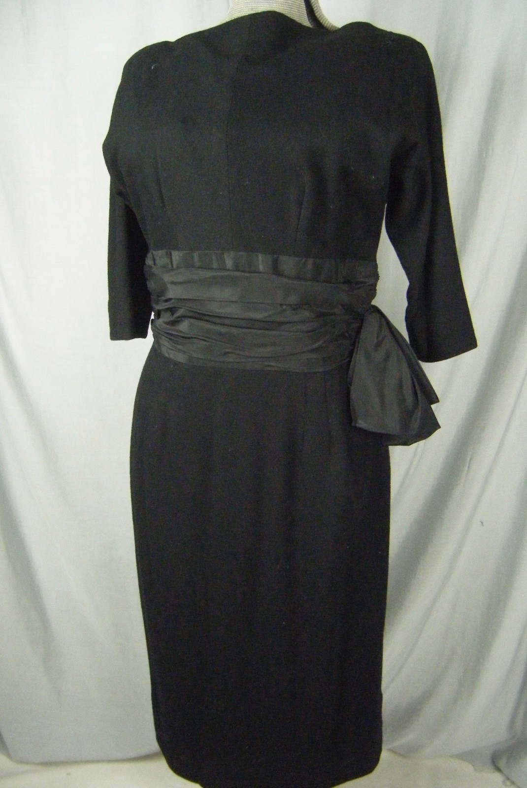 TAILORED JUNIORS Vtg 60s Black Woven Crepe Gathered Bow Dress-Bust 36/XS