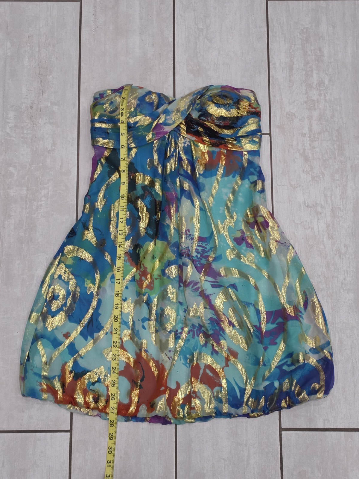 XSCAPE Y2K Vintage Silk Blend Strapless Bubble Hem Dress Metallic Gold Abstract