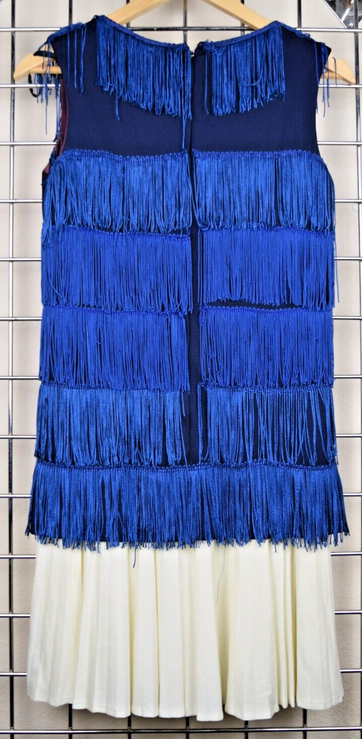 Vintage Flapper Dress Elegant Miss Size S/M 60s Silky Blue Tassels Ivory Ruffle