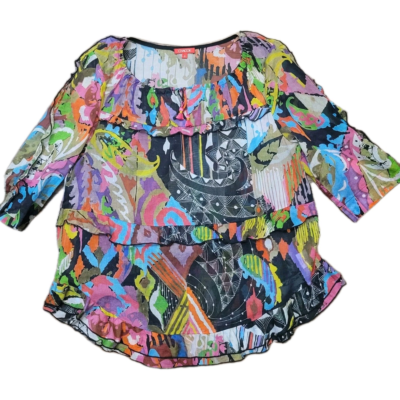 EUC Chacock Mixed Prints Ruffled Blouse Cotton S/M Tassles Tie Neck Abstract
